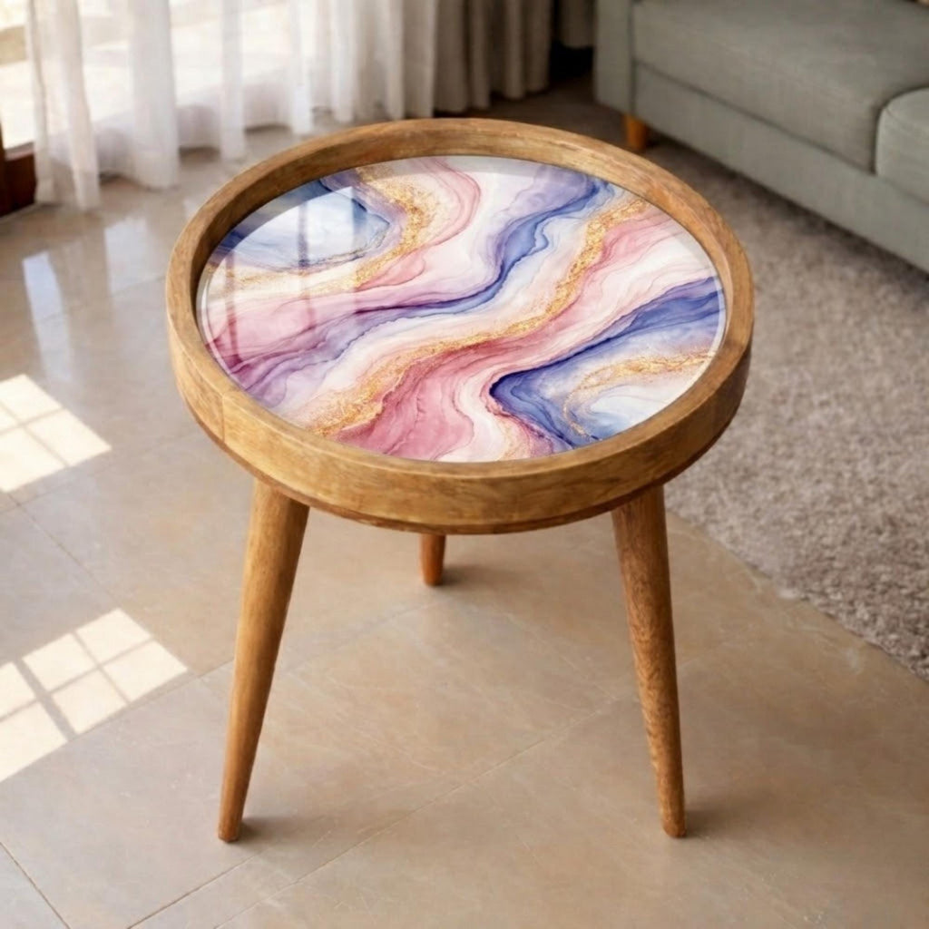 Handmade Mango Wood Side Table | Pink Blue Marble Print Accent Table