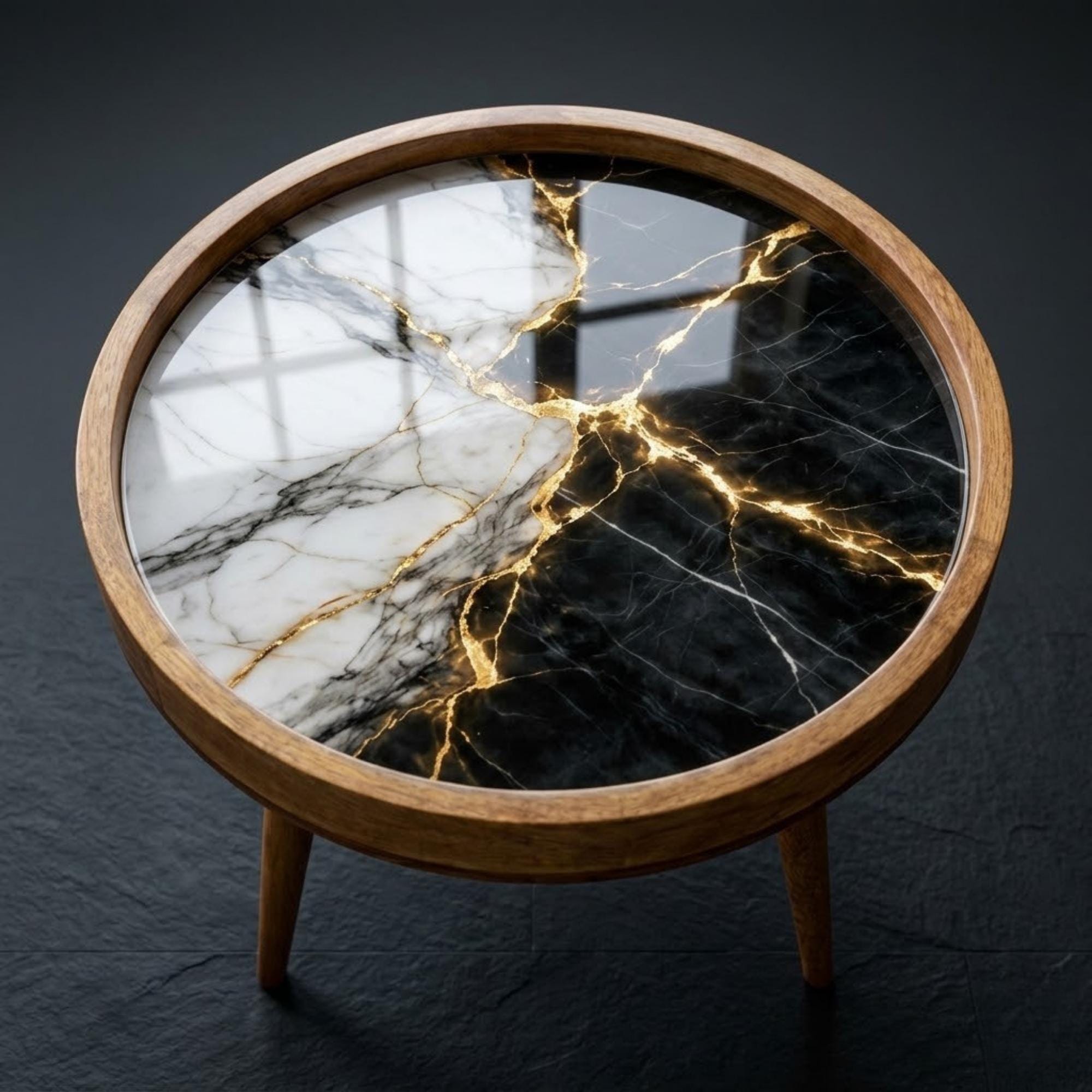 Handmade Mango Wood Side Table | Black and White Marble Print | Round Modern Accent Table