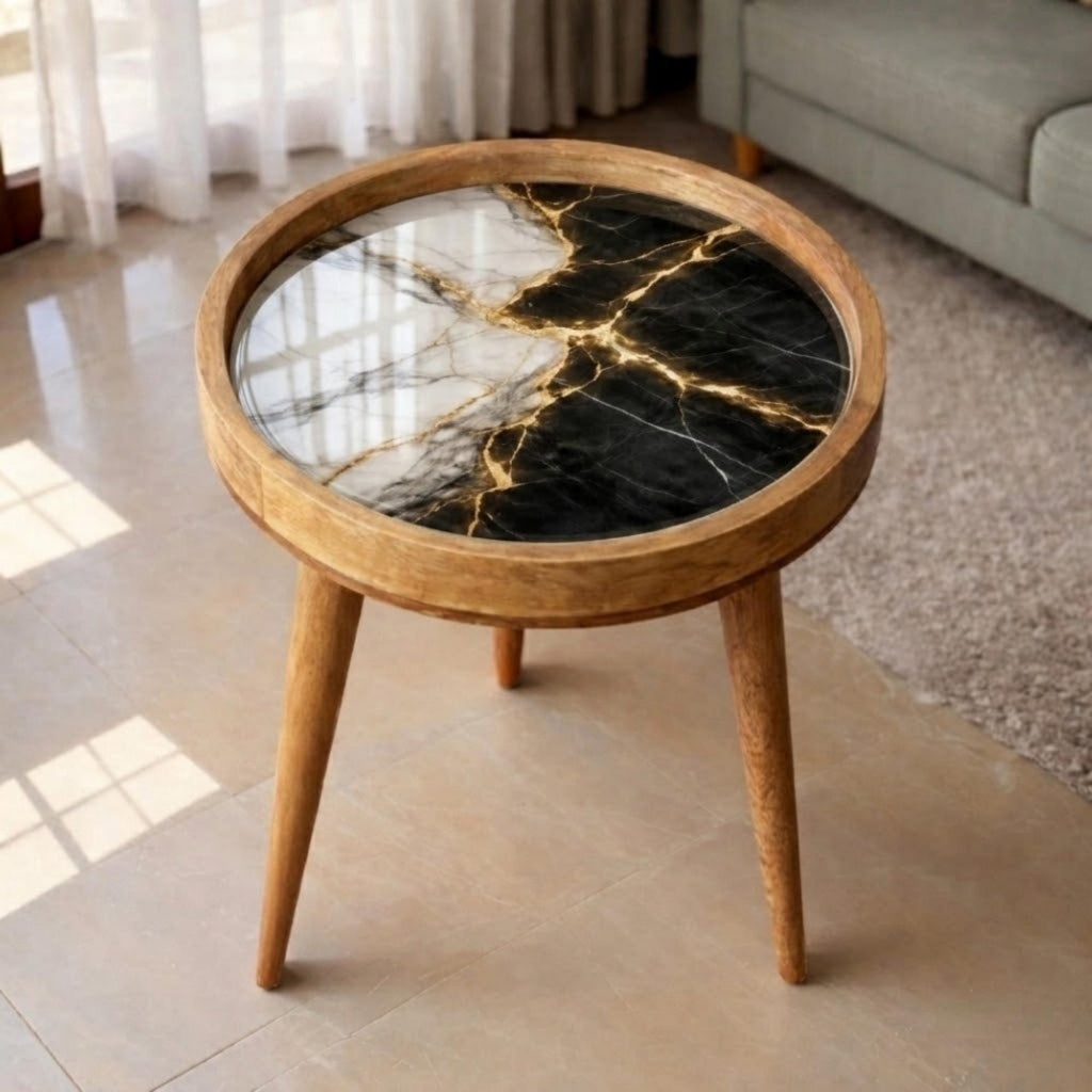 Handmade Mango Wood Side Table | Black and White Marble Print | Round Modern Accent Table