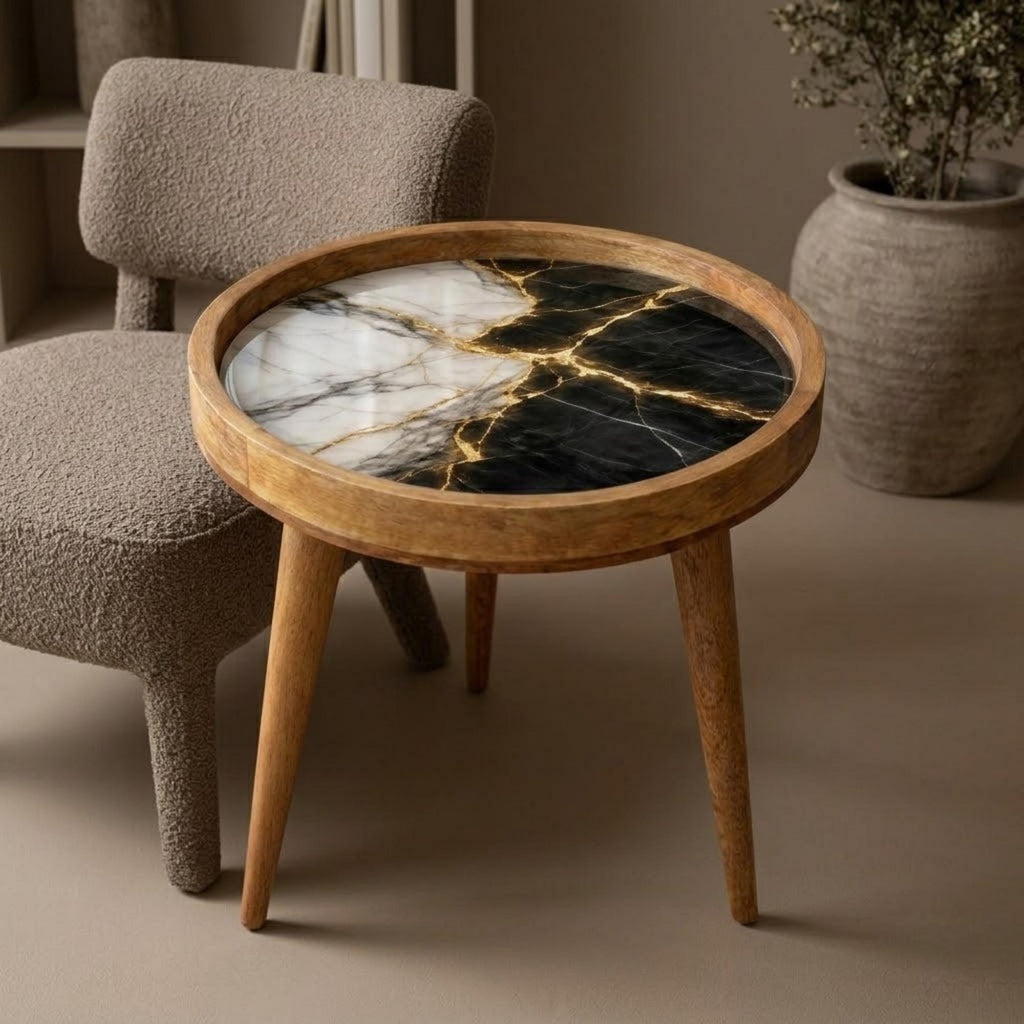 Handmade Mango Wood Side Table | Black and White Marble Print | Round Modern Accent Table