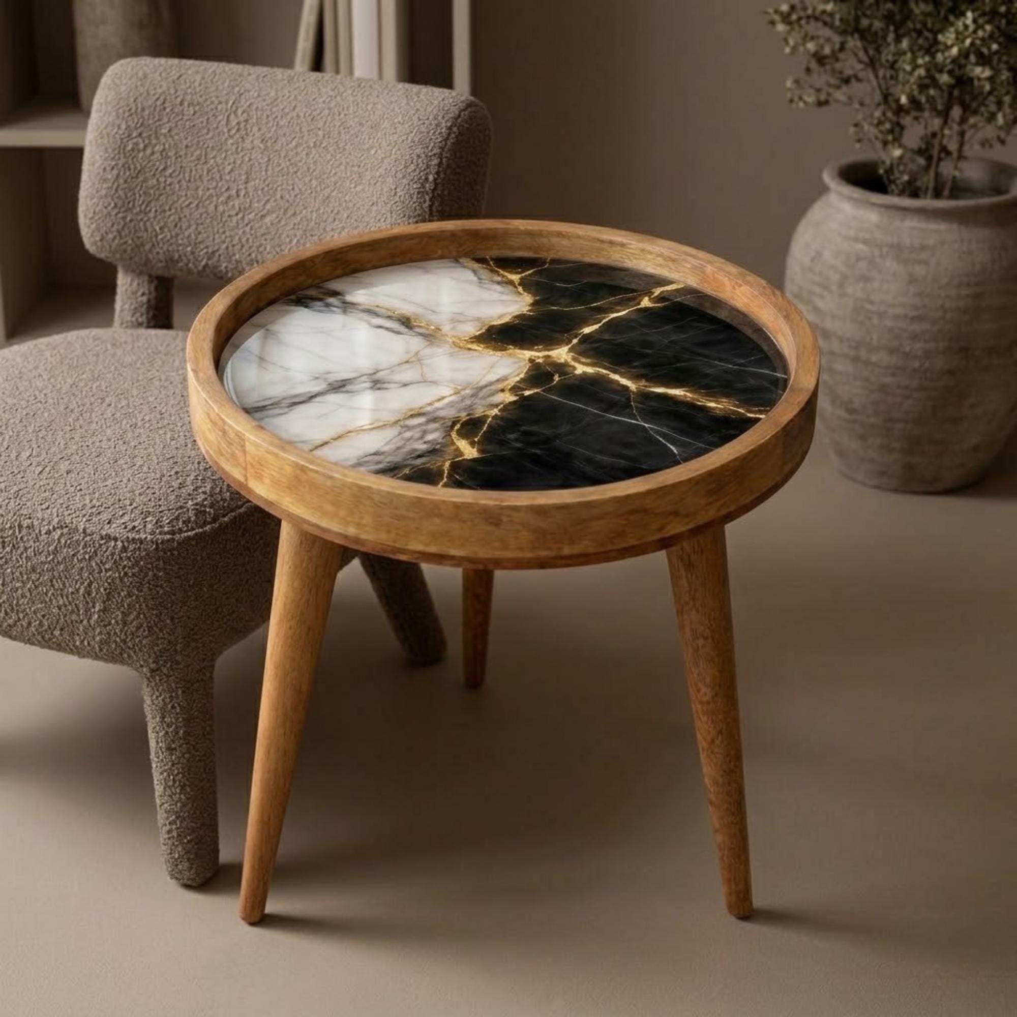 Handmade Mango Wood Side Table | Black and White Marble Print | Round Modern Accent Table