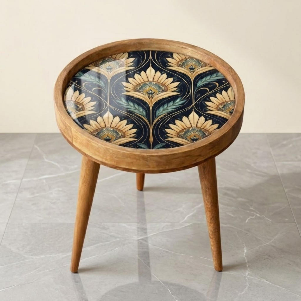 Handmade Mango Wood Side Table | Art Deco Floral Print | Round Vintage Accent Table