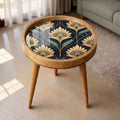 Handmade Mango Wood Side Table | Art Deco Floral Print | Round Vintage Accent Table