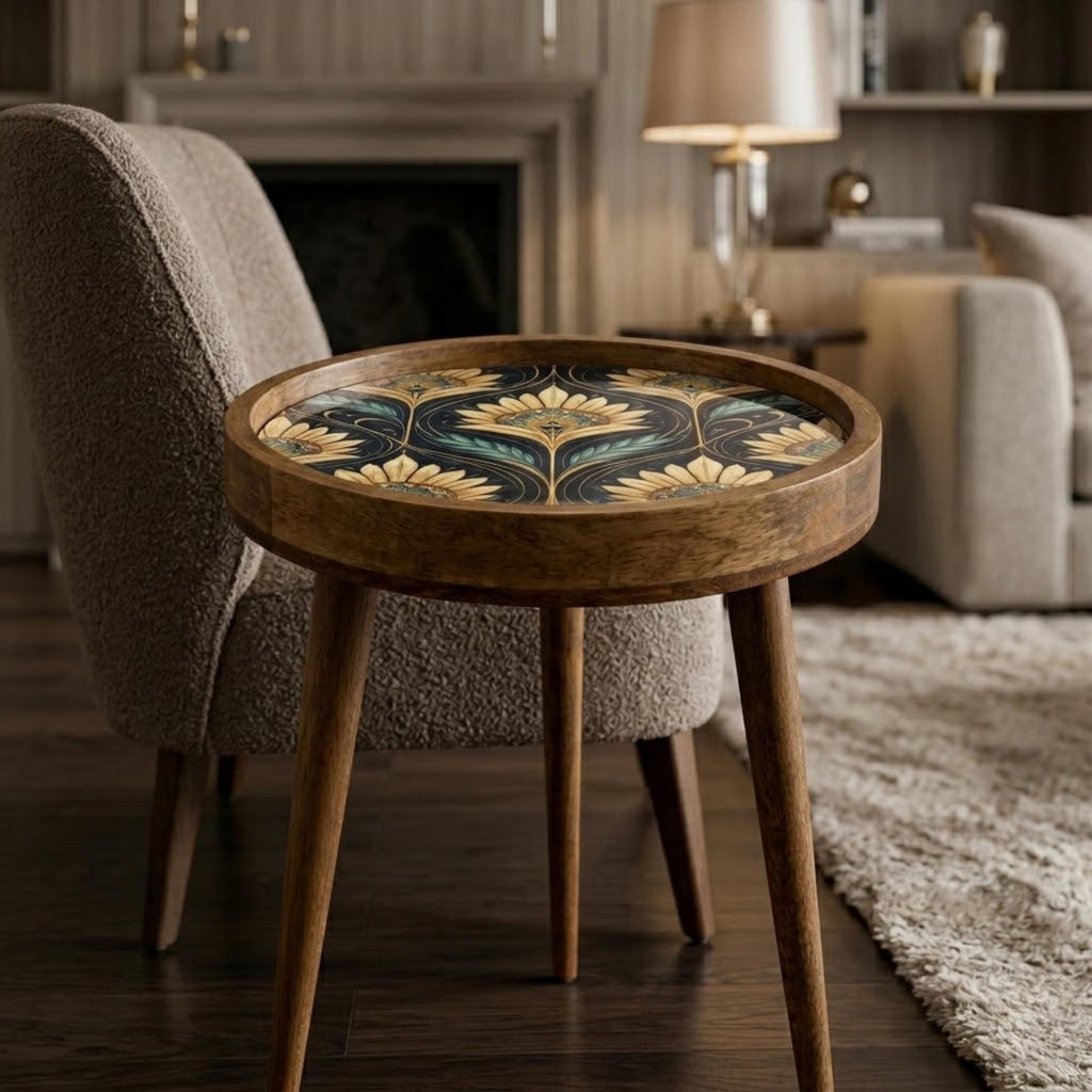 Handmade Mango Wood Side Table | Art Deco Floral Print | Round Vintage Accent Table