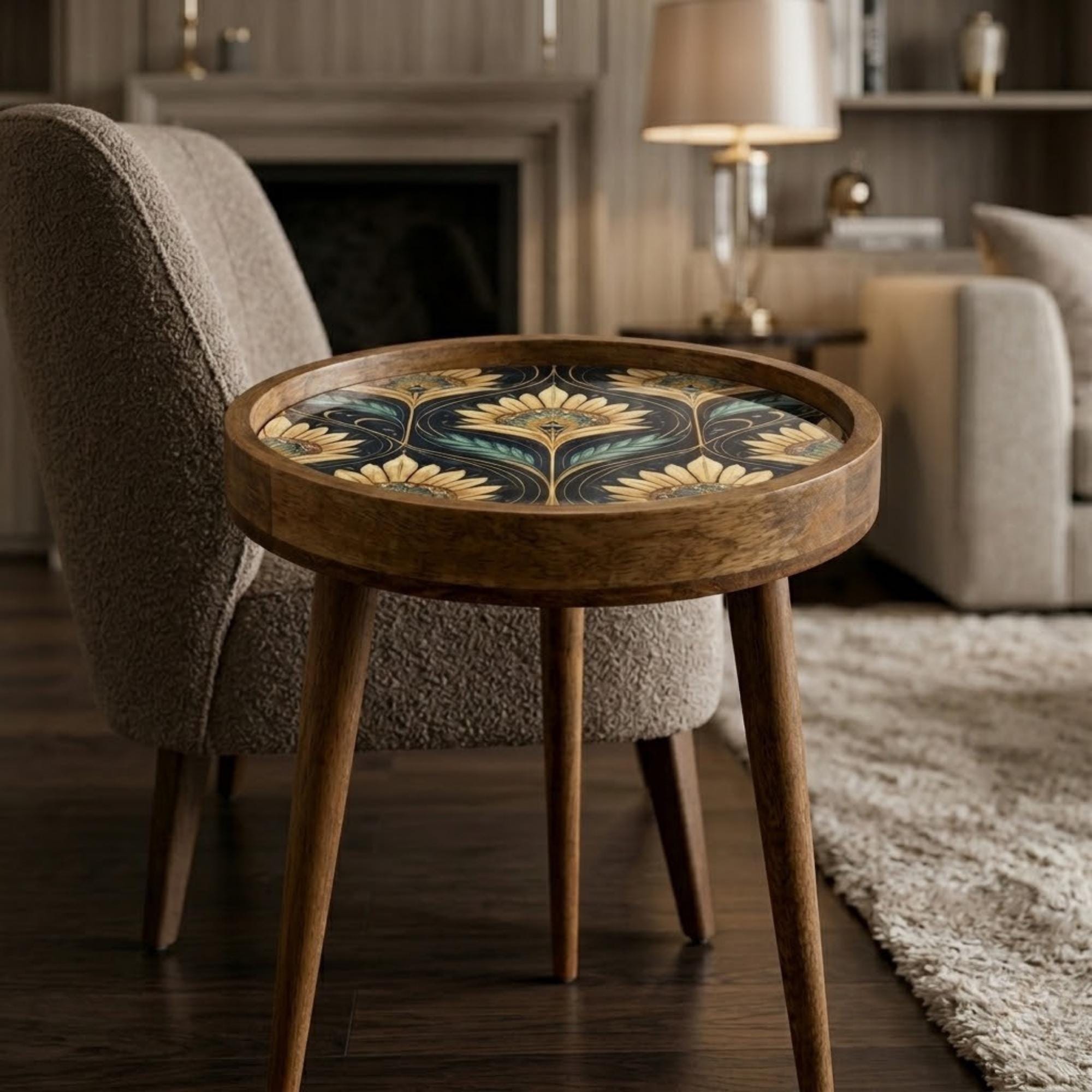 Handmade Mango Wood Side Table | Art Deco Floral Print | Round Vintage Accent Table