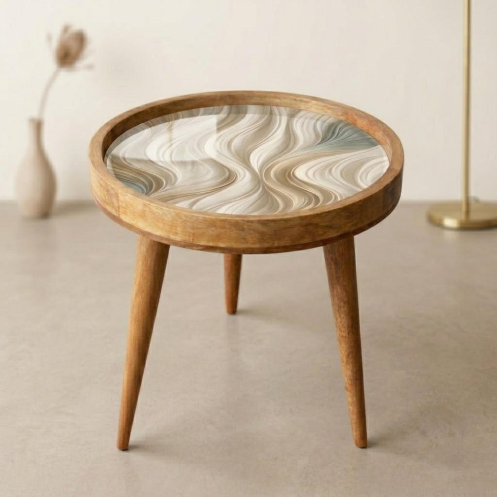 Handmade Mango Wood Side Table | Neutral Swirl Print Accent Table