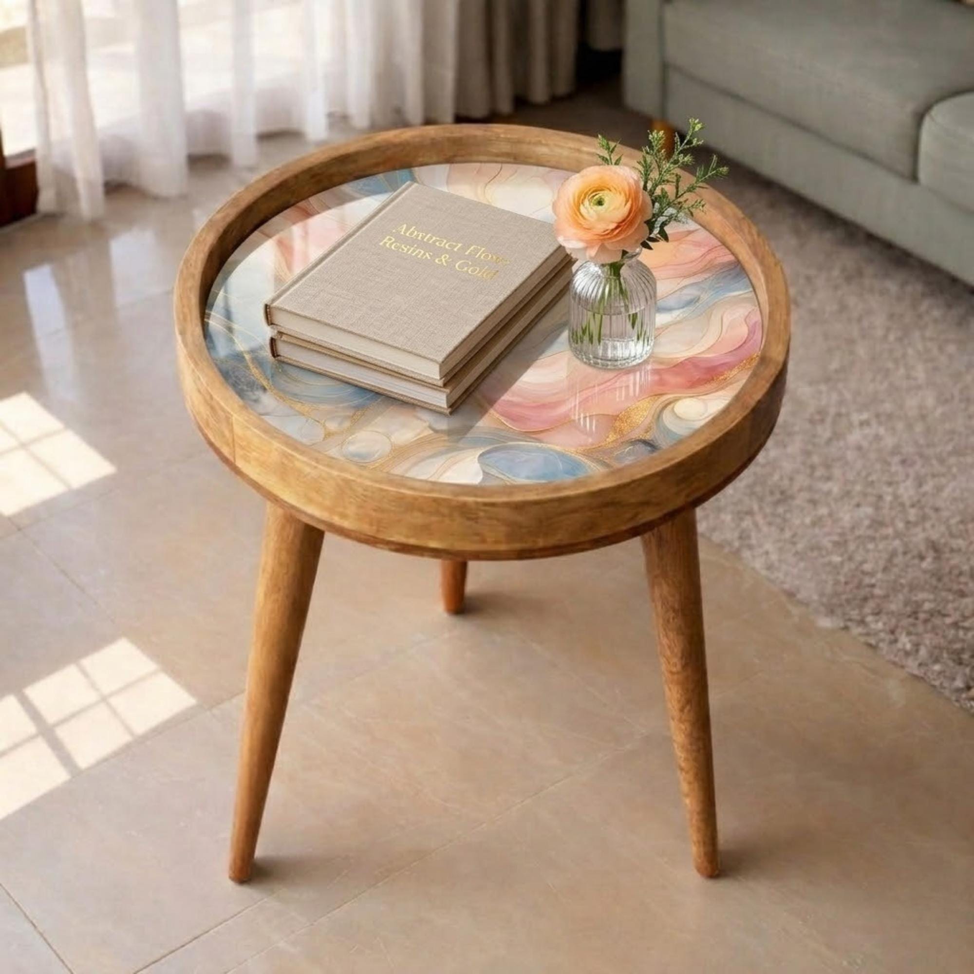 Handmade Mango Wood Side Table | Pastel Marble Print Round Accent Table