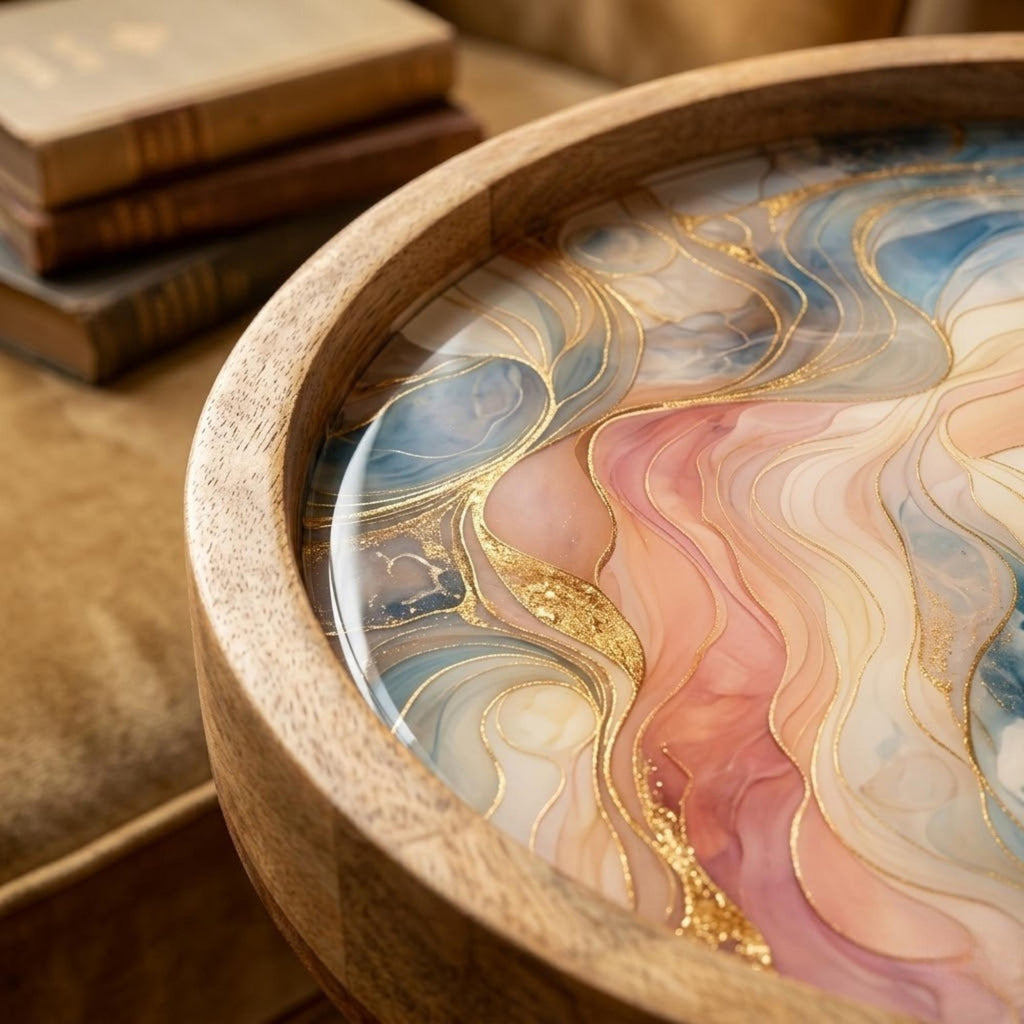 Handmade Mango Wood Side Table | Pastel Marble Print Round Accent Table