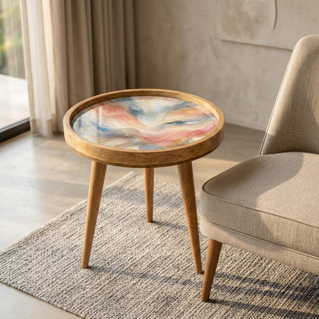 Handmade Mango Wood Side Table | Pastel Marble Print Round Accent Table