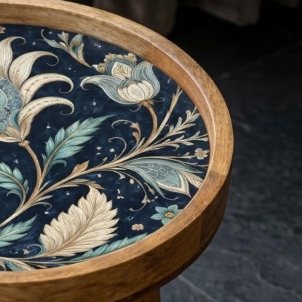 Handmade Mango Wood Side Table | Vintage Blue Floral Print | Round Boho Accent Table