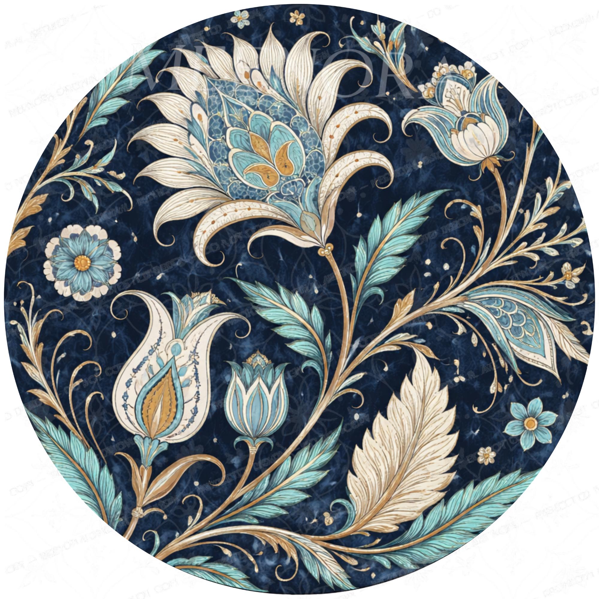 Handmade Mango Wood Side Table | Vintage Blue Floral Print | Round Boho Accent Table
