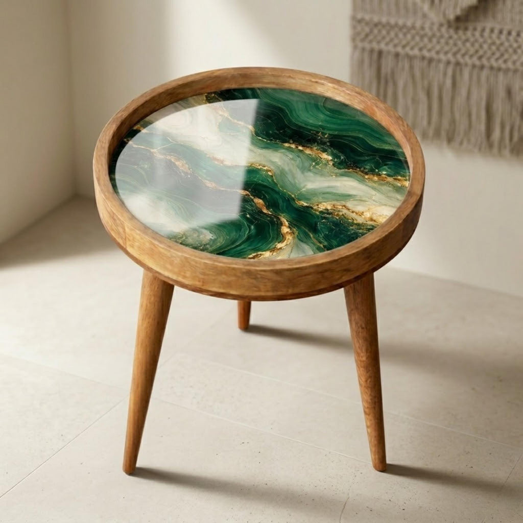 Handmade Mango Wood Side Table | Green Marble Print Round Accent Table