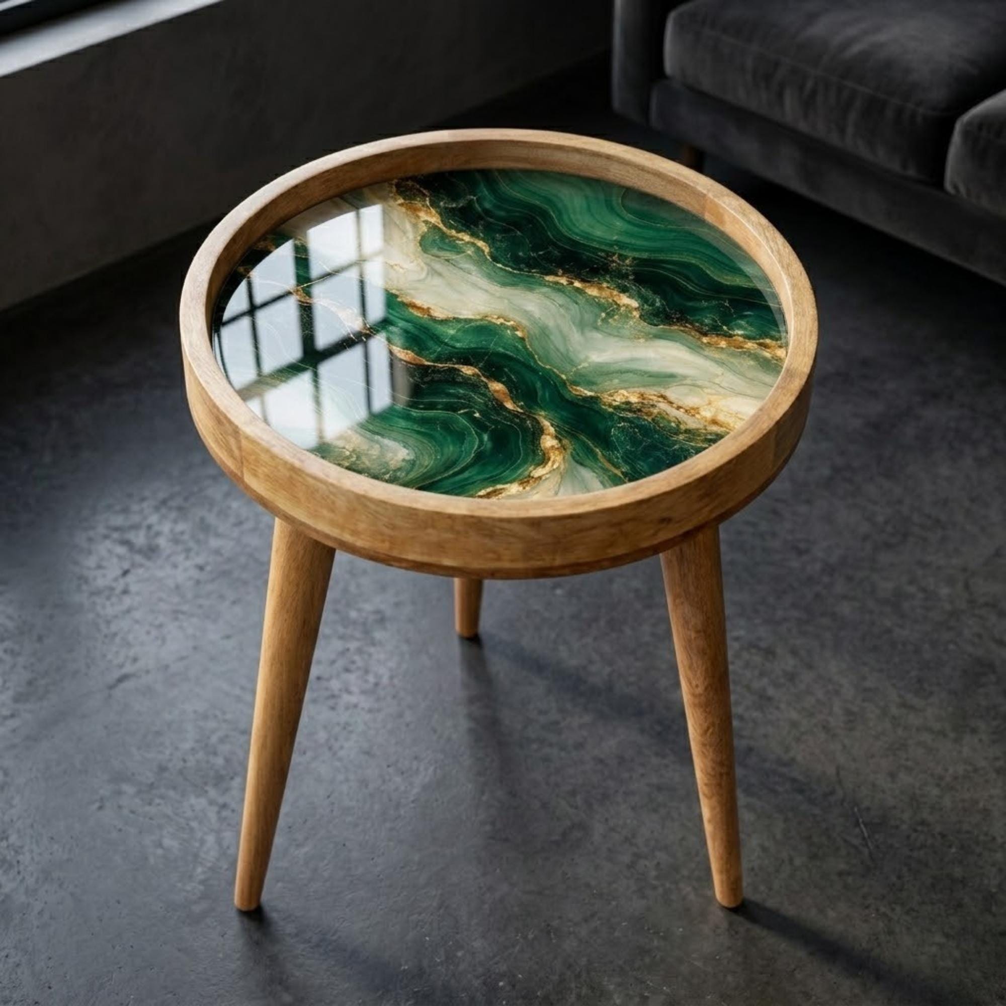 Handmade Mango Wood Side Table | Green Marble Print Round Accent Table