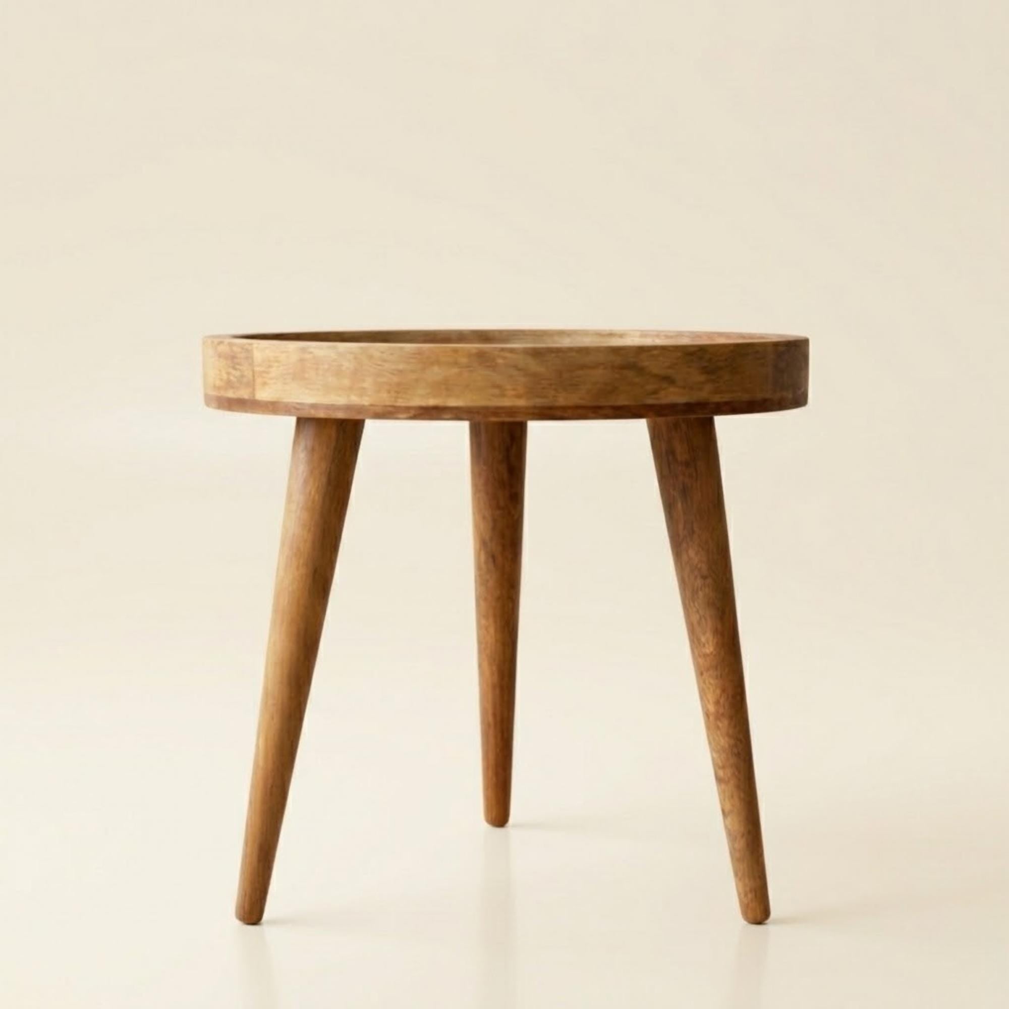 Handmade Mango Wood Side Table | Minimal Botanical Print | Round Modern Accent Table