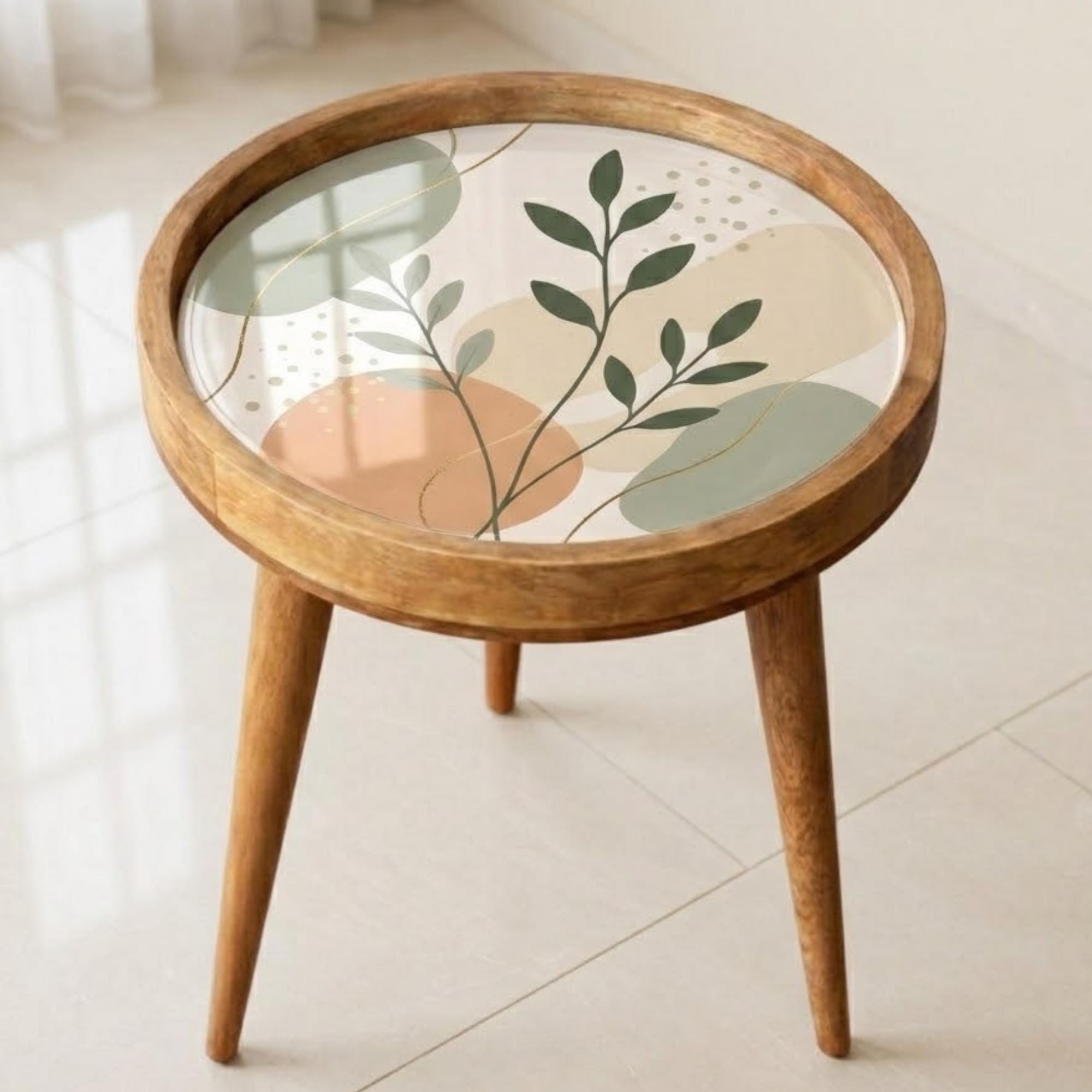 Handmade Mango Wood Side Table | Minimal Botanical Print | Round Modern Accent Table