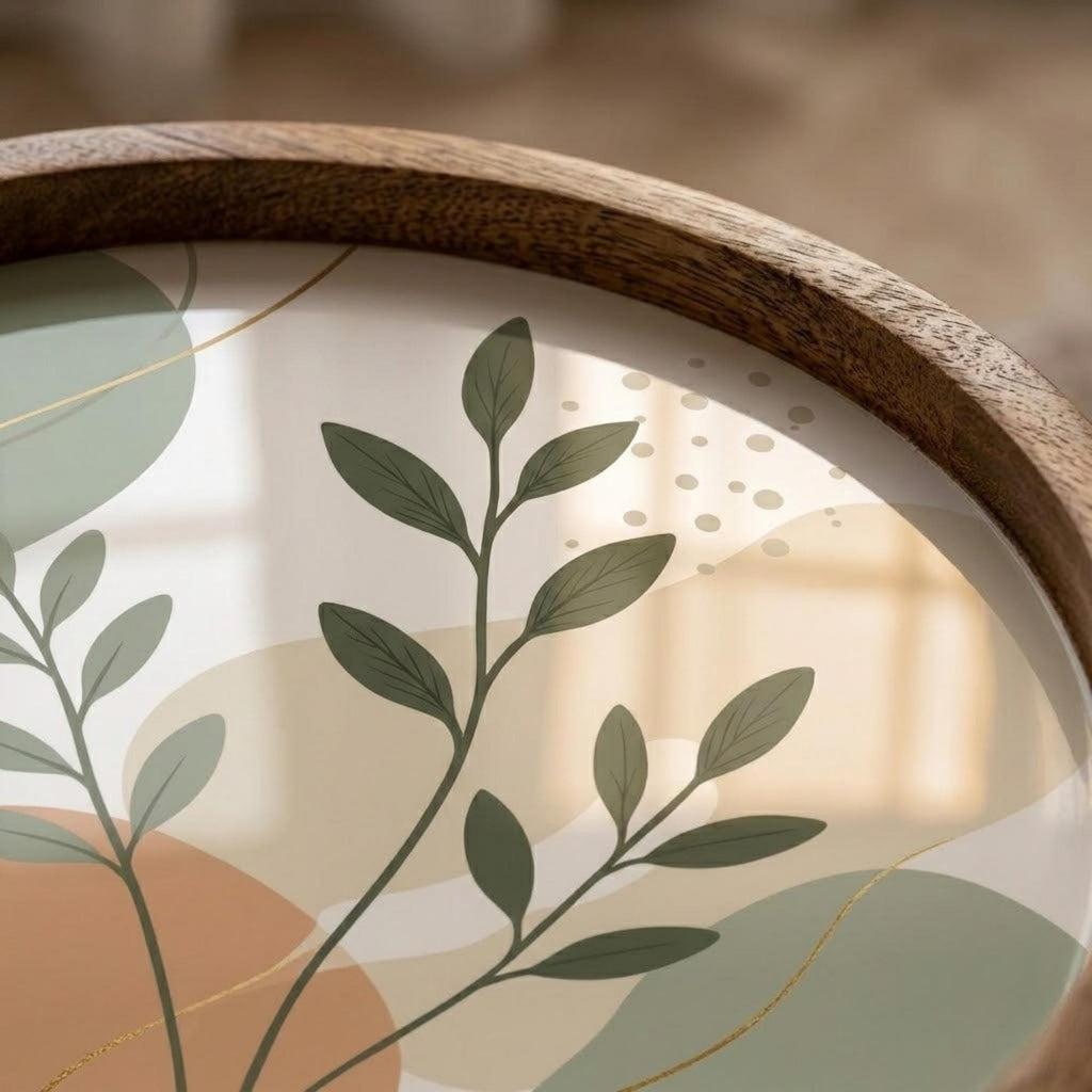 Handmade Mango Wood Side Table | Minimal Botanical Print | Round Modern Accent Table