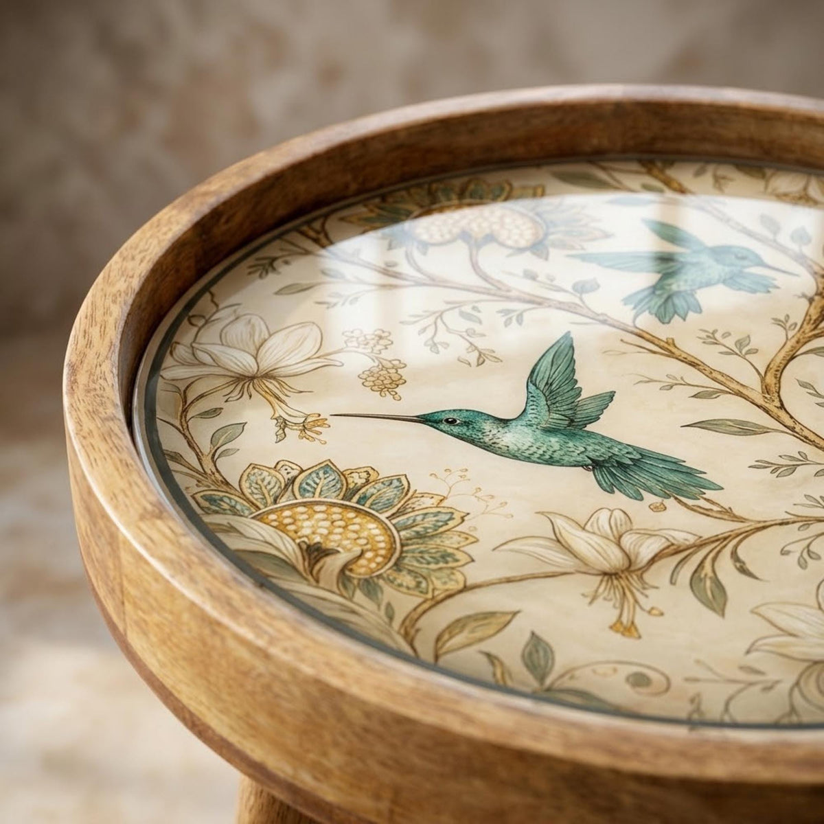 Botanical Bird Printed Mango Wood End Table | Round Wooden Side Table ...