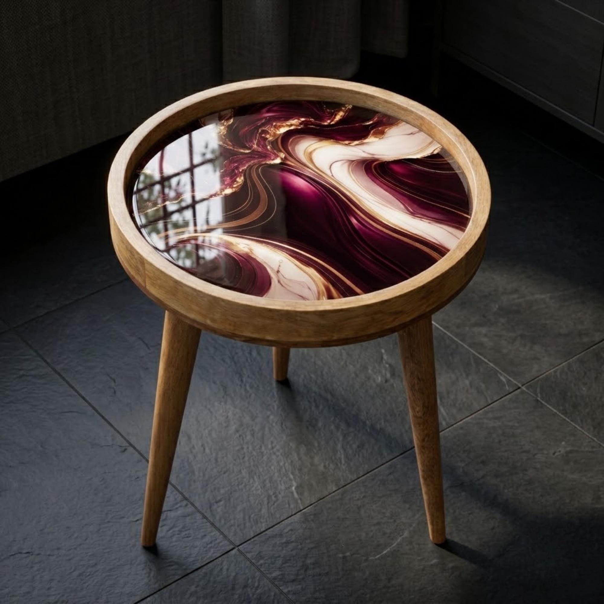 Handmade Mango Wood Side Table | Burgundy Marble Print Accent Table