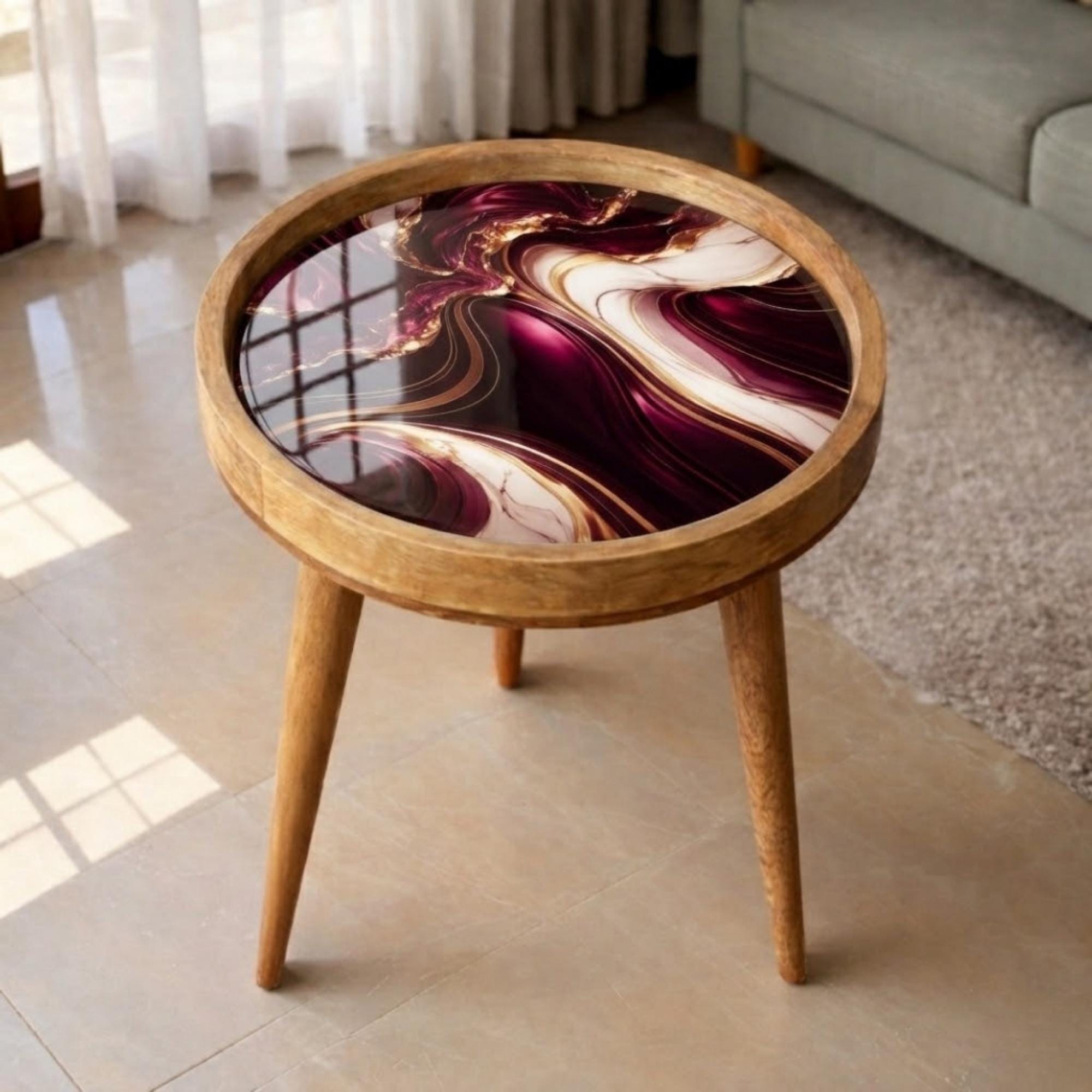 Handmade Mango Wood Side Table | Burgundy Marble Print Accent Table