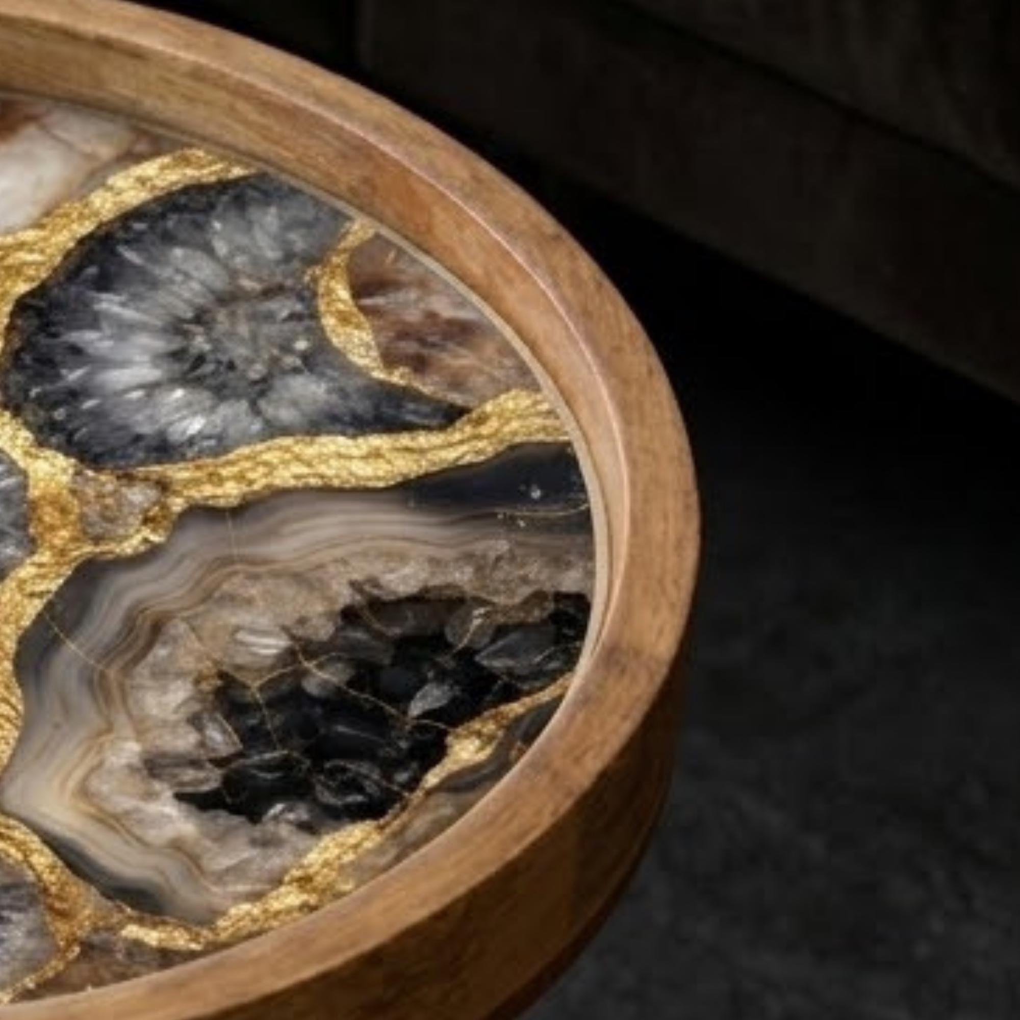 Handmade Mango Wood Side Table | Geode Crystal Print Round Accent Table