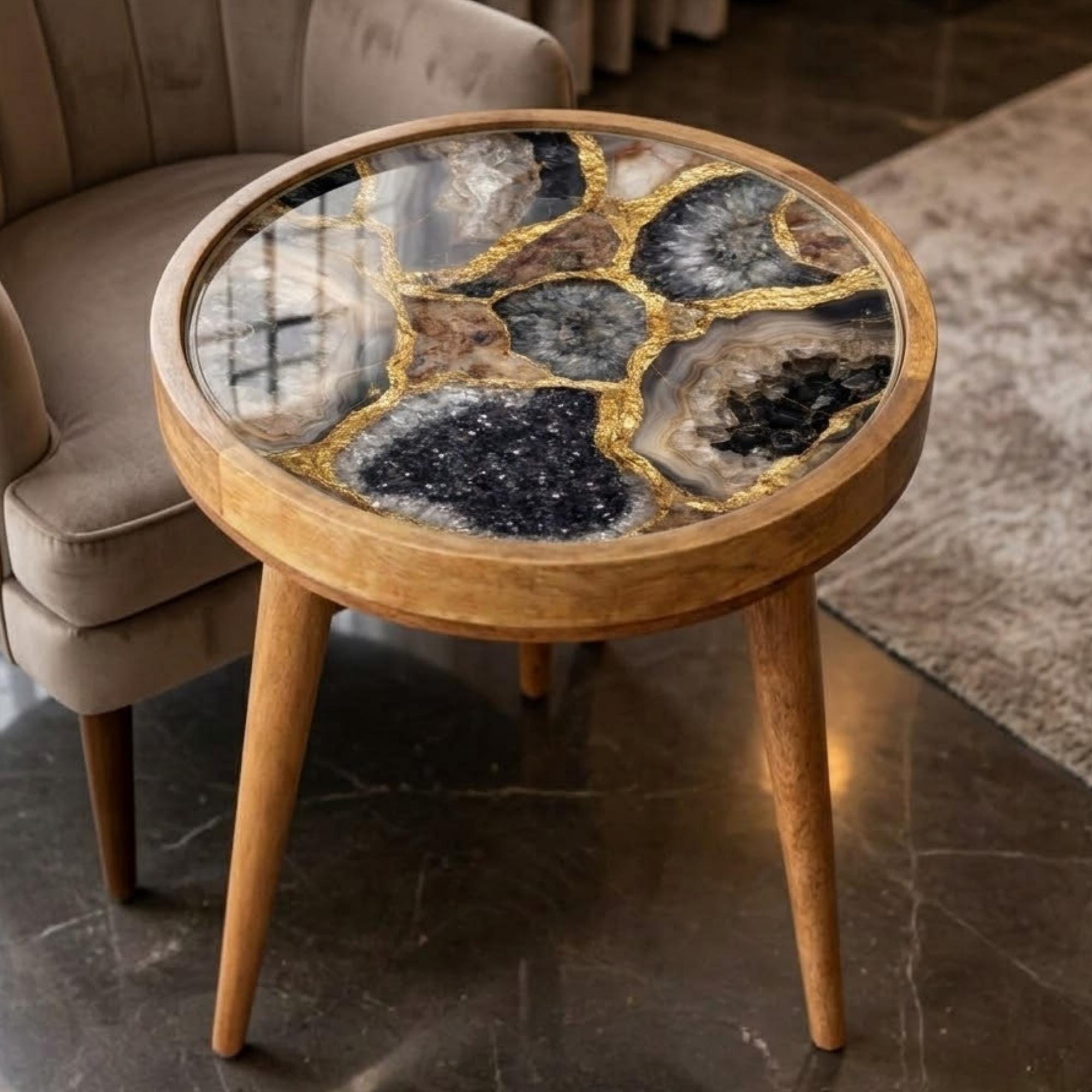 Handmade Mango Wood Side Table | Geode Crystal Print Round Accent Table