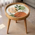 Scandinavian Printed Mango Wood End Table | Abstract Leaf Side Table | Modern Decor