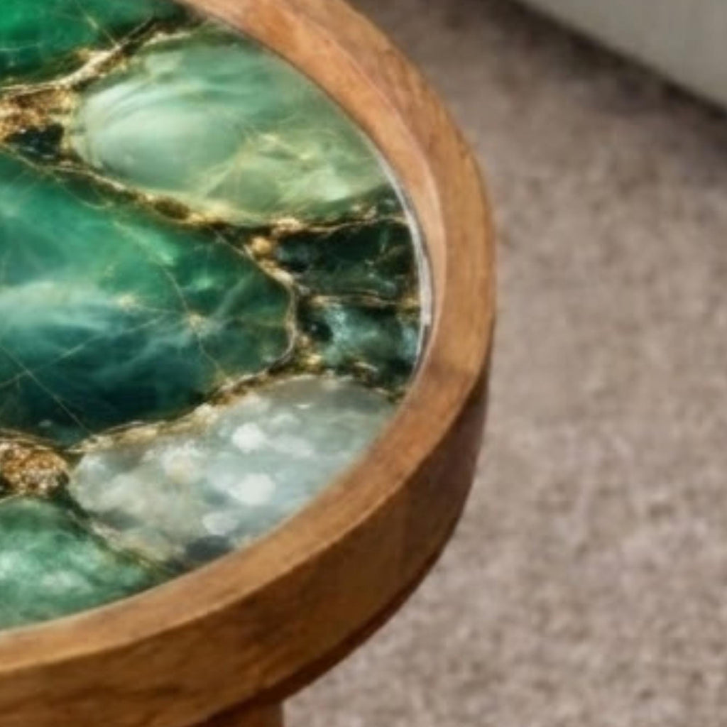 Handmade Mango Wood Side Table | Green Geode Print Accent Table