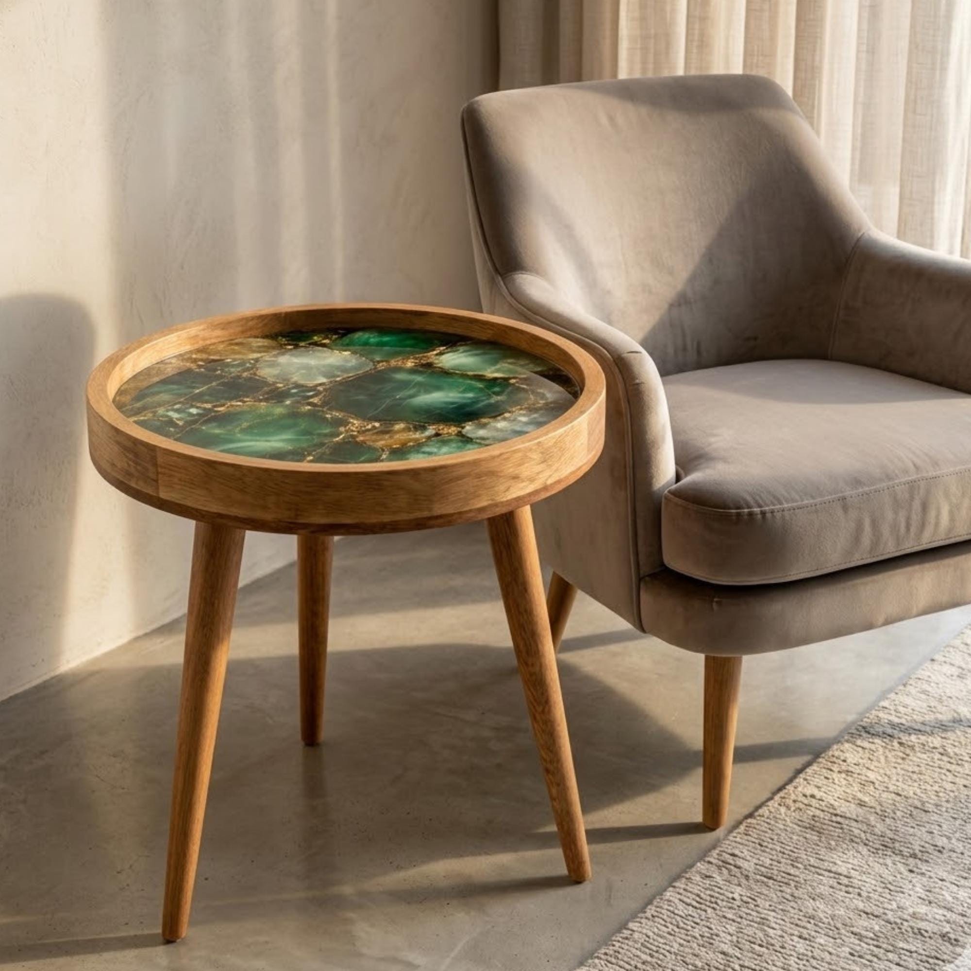 Handmade Mango Wood Side Table | Green Geode Print Accent Table
