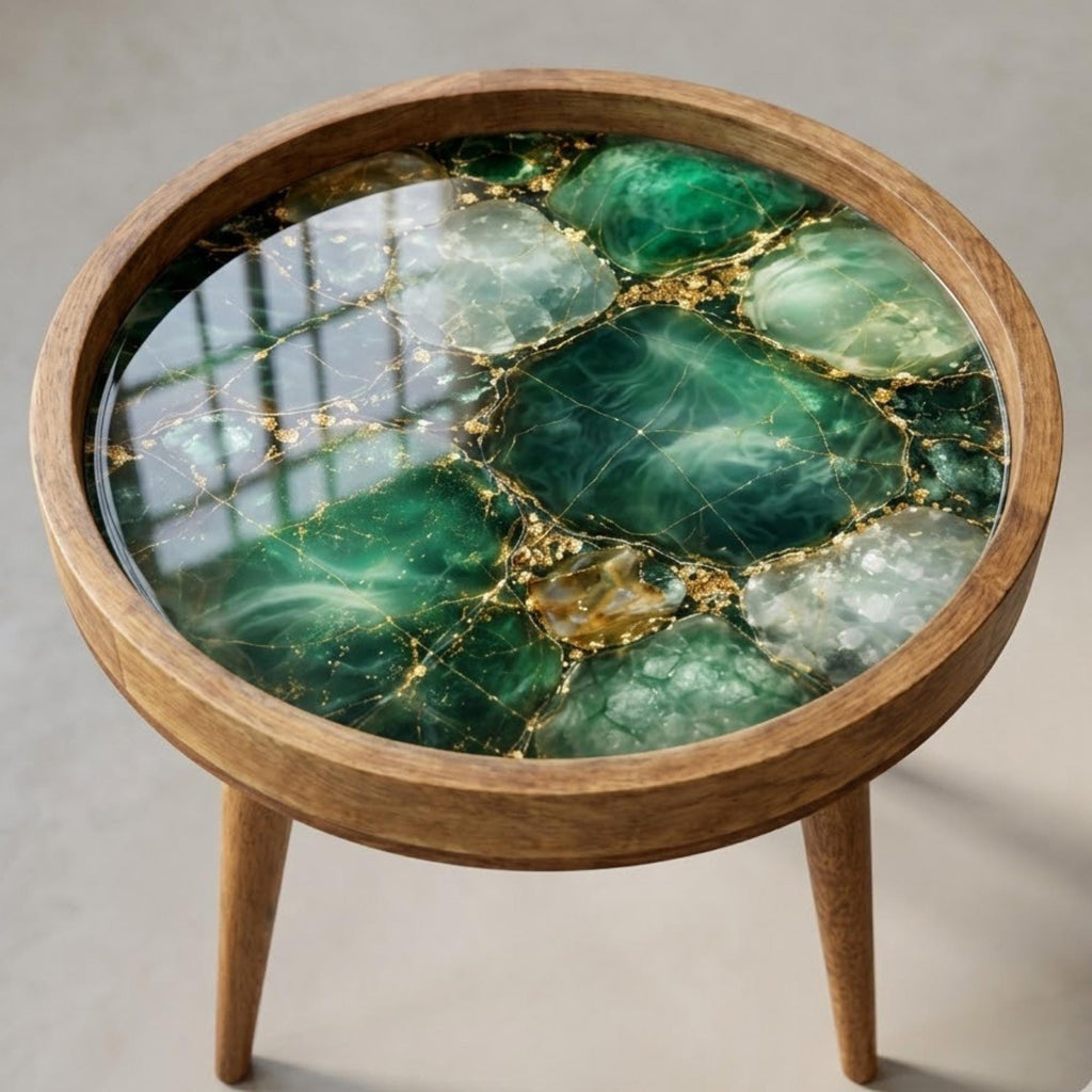 Handmade Mango Wood Side Table | Green Geode Print Accent Table