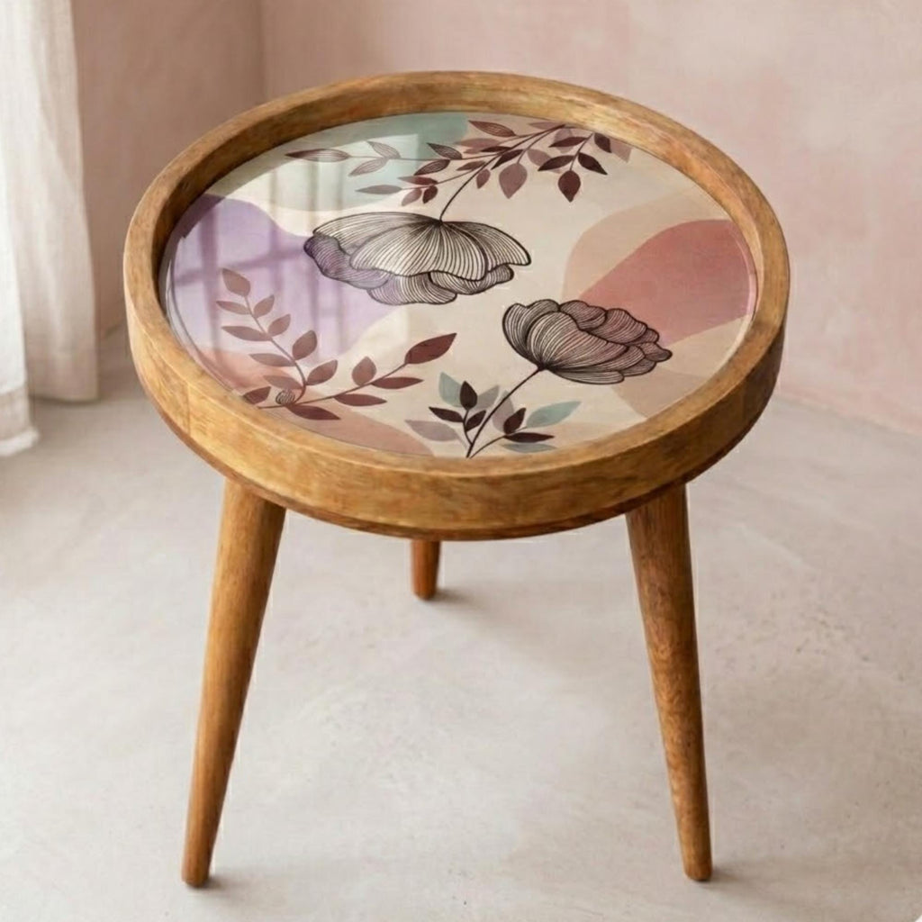 Handmade Mango Wood Side Table | Pastel Floral Print Accent Table