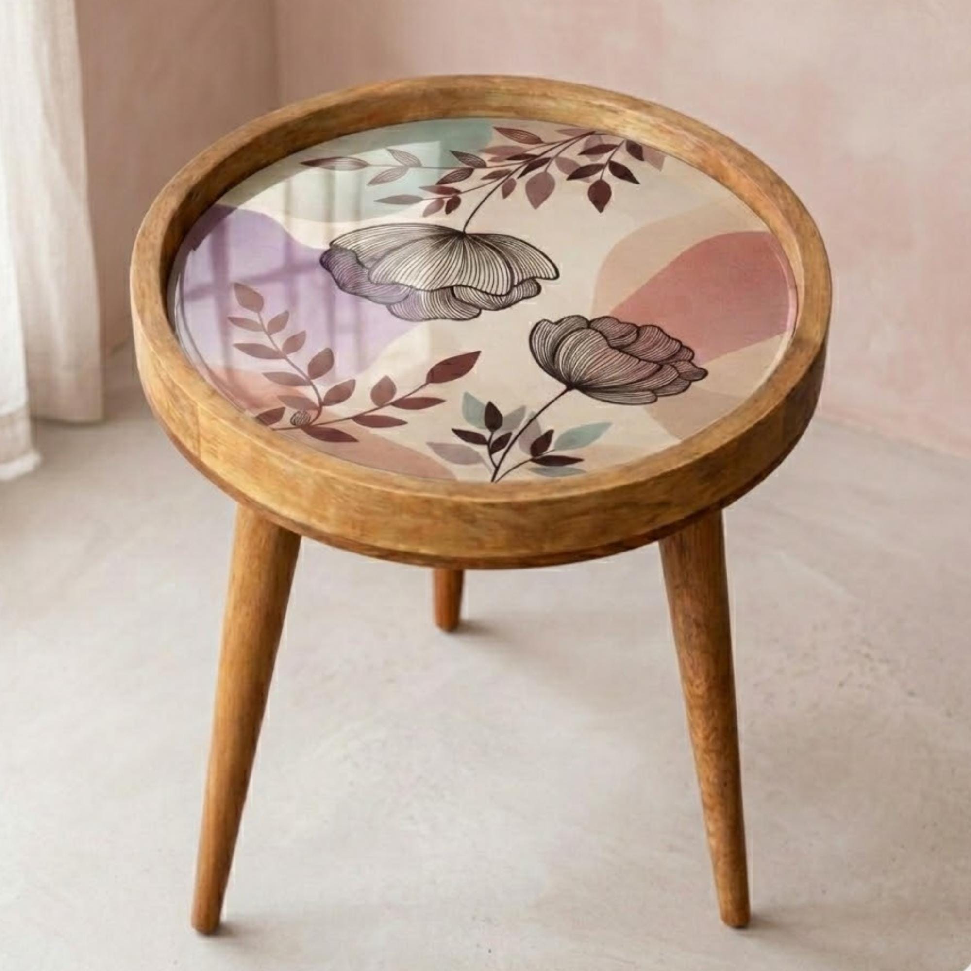 Handmade Mango Wood Side Table | Pastel Floral Print Accent Table