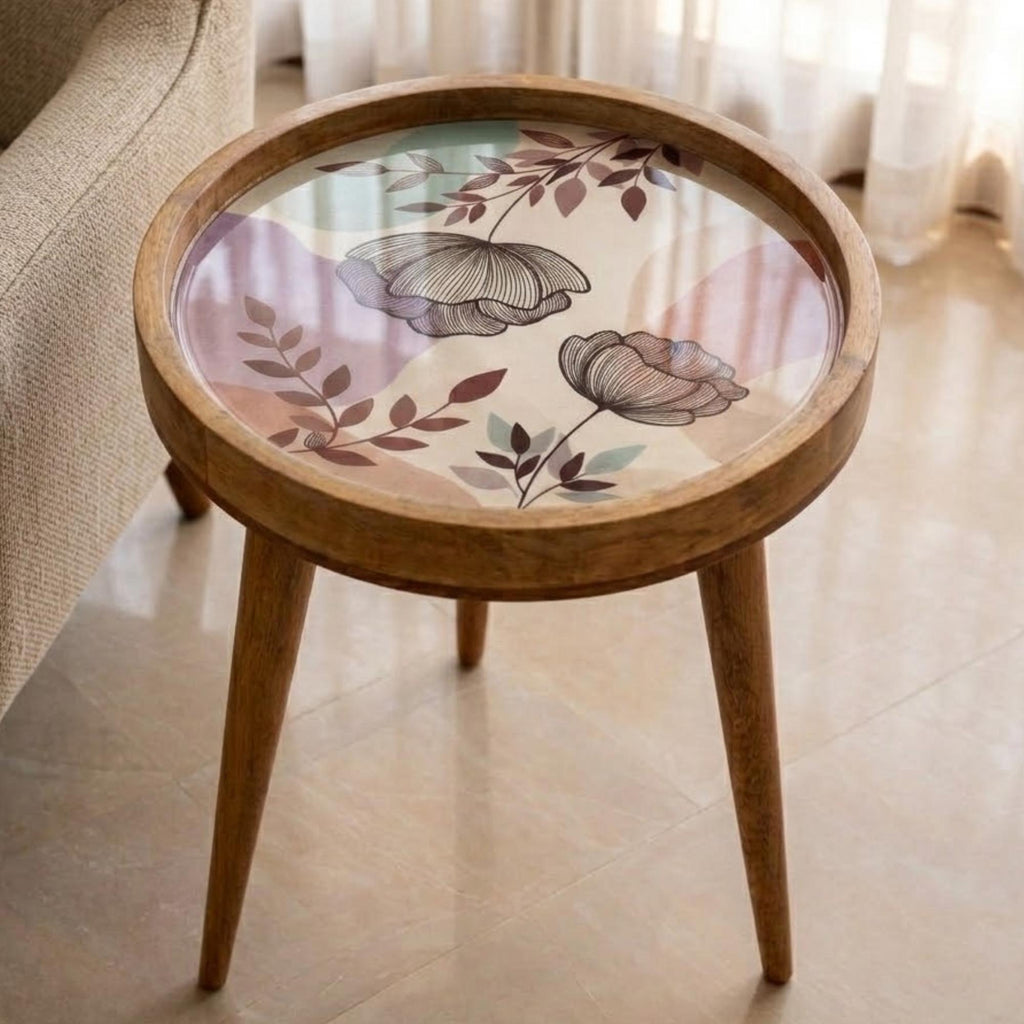Handmade Mango Wood Side Table | Pastel Floral Print Accent Table