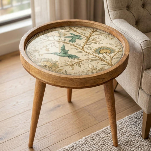 Botanical Bird Printed Mango Wood End Table | Round Wooden Side Table | Cottage Decor