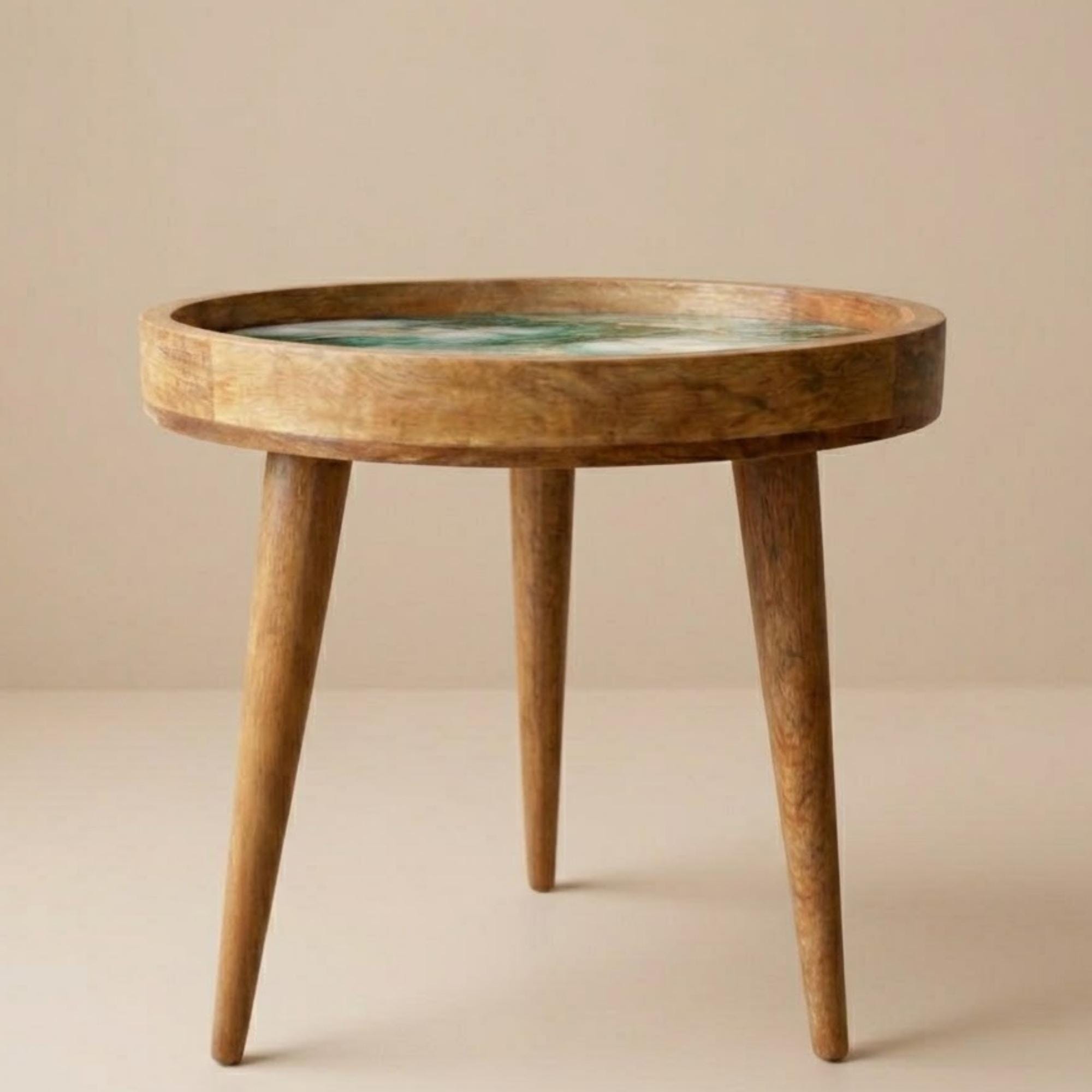 Handcrafted Mango Wood Side Table | Green Marble Effect, Gold Veining Accent Table