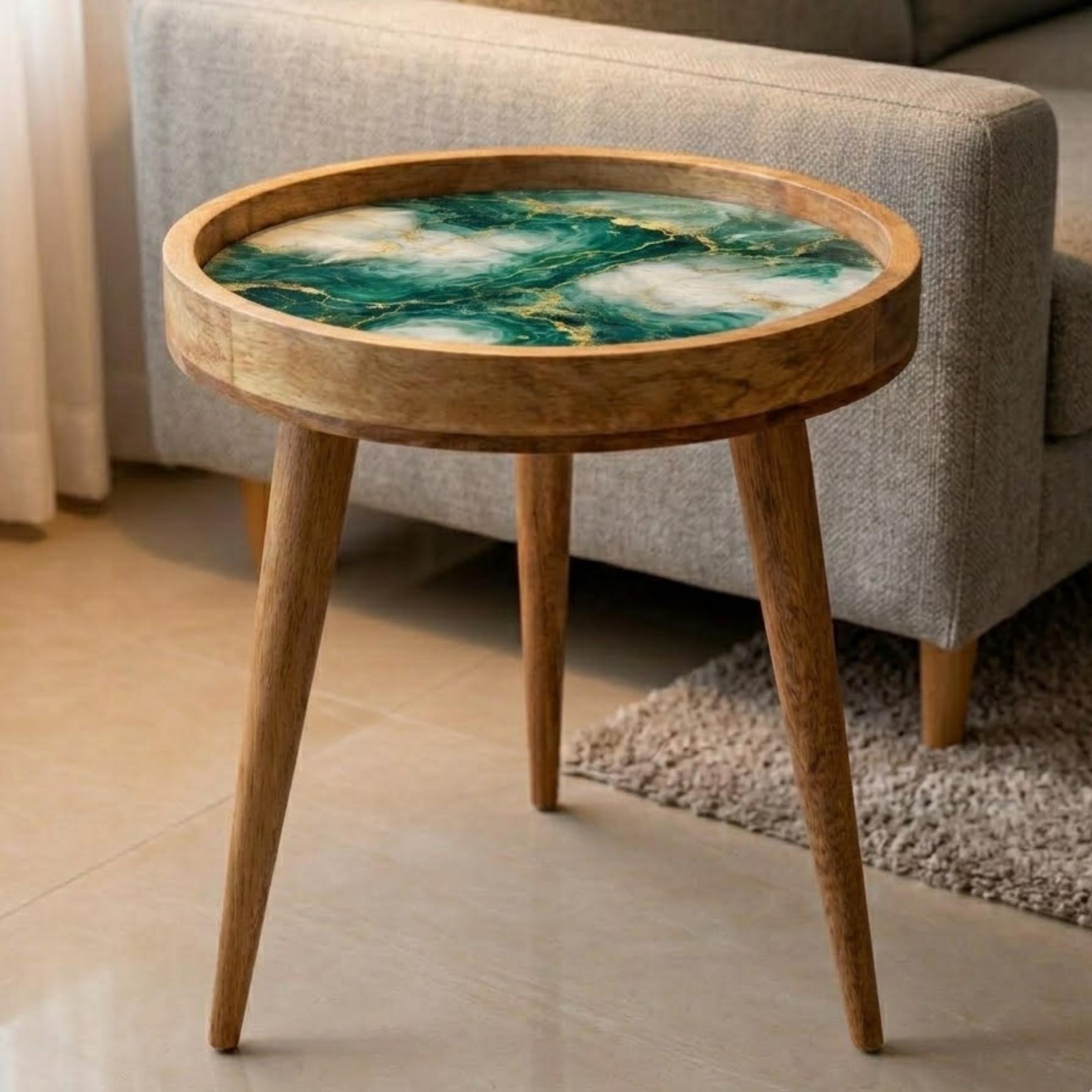 Handcrafted Mango Wood Side Table | Green Marble Effect, Gold Veining Accent Table