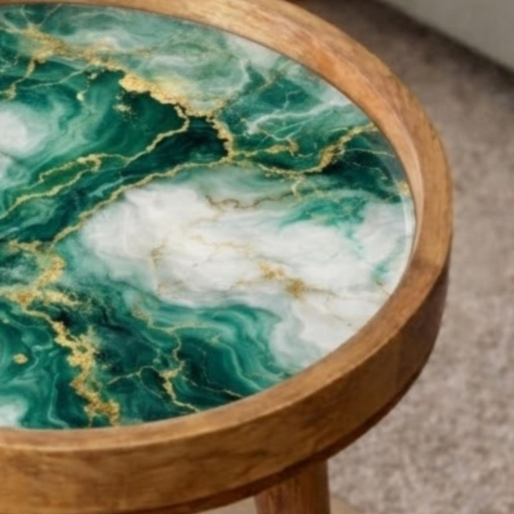 Handcrafted Mango Wood Side Table | Green Marble Effect, Gold Veining Accent Table