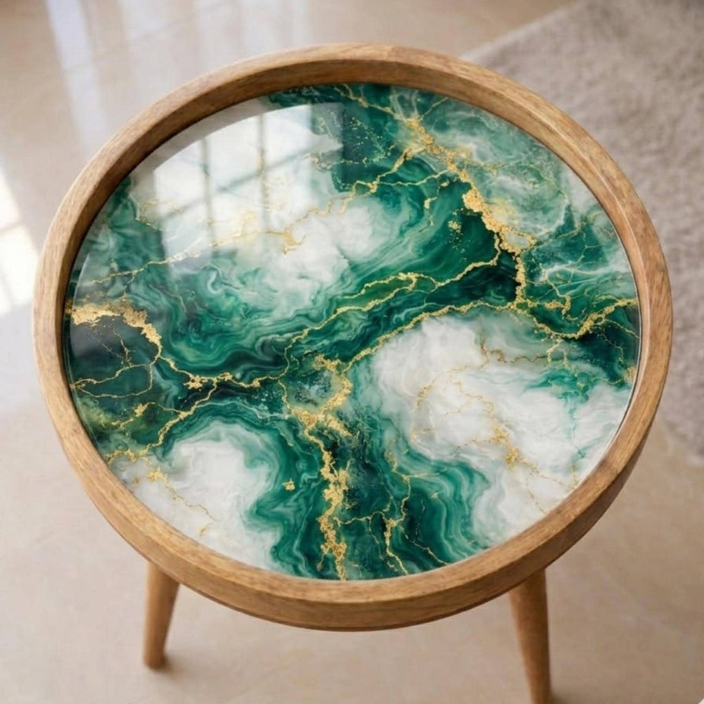 Handcrafted Mango Wood Side Table | Green Marble Effect, Gold Veining Accent Table