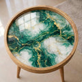 Handcrafted Mango Wood Side Table | Green Marble Effect, Gold Veining Accent Table