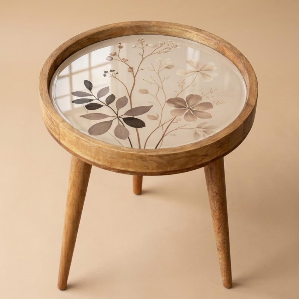 Neutral Botanical Mango Wood Side Table | Round Floral Accent Table | Minimalist Decor