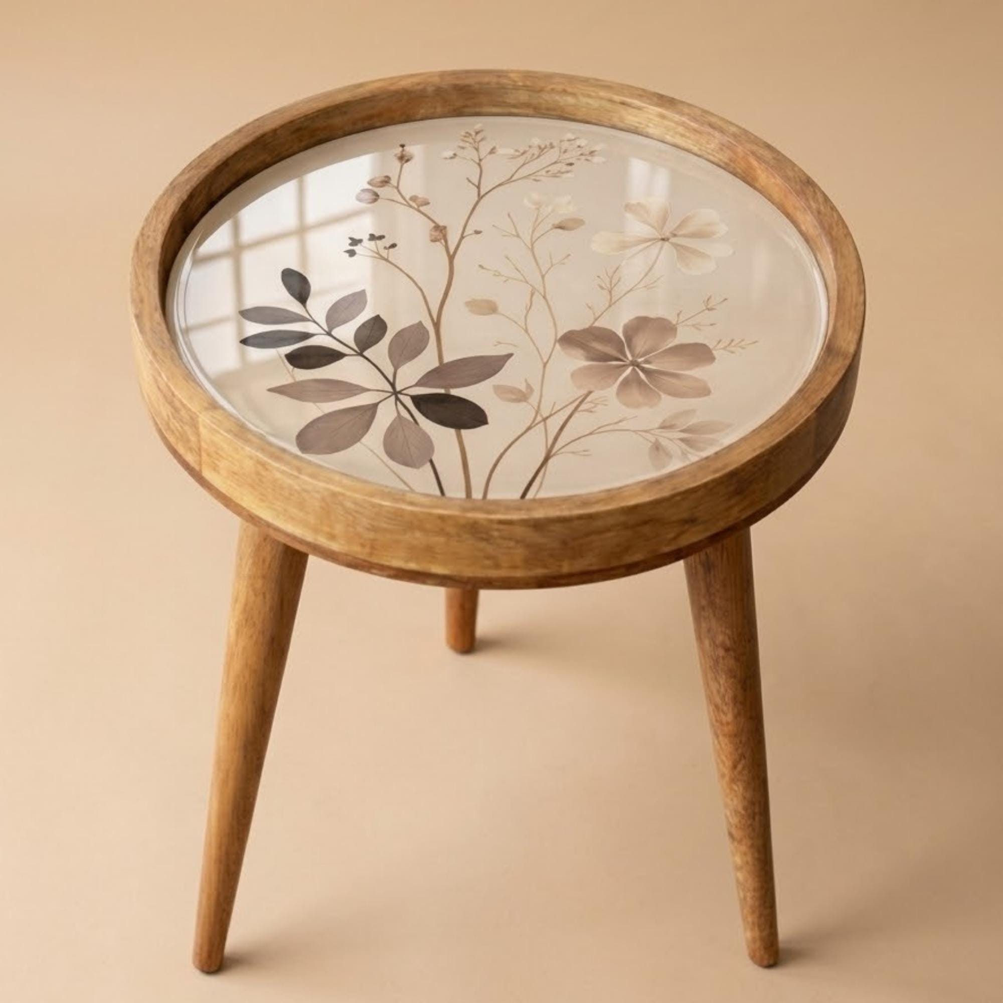 Neutral Botanical Mango Wood Side Table | Round Floral Accent Table | Minimalist Decor