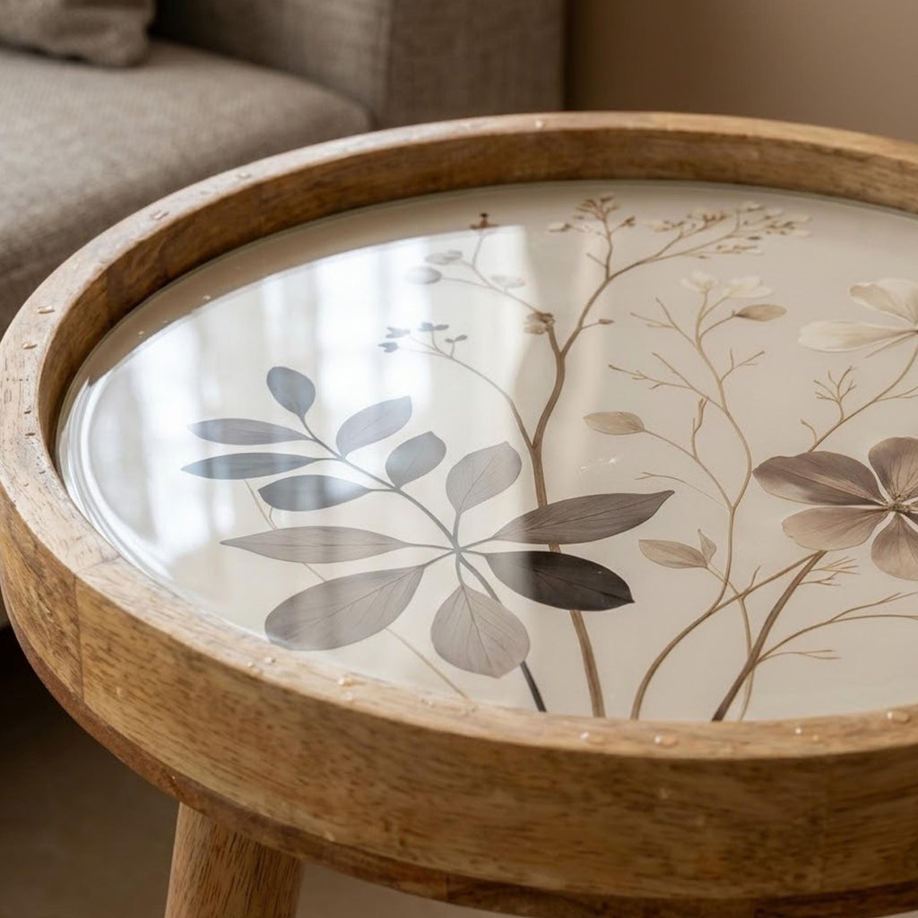 Neutral Botanical Mango Wood Side Table | Round Floral Accent Table | Minimalist Decor