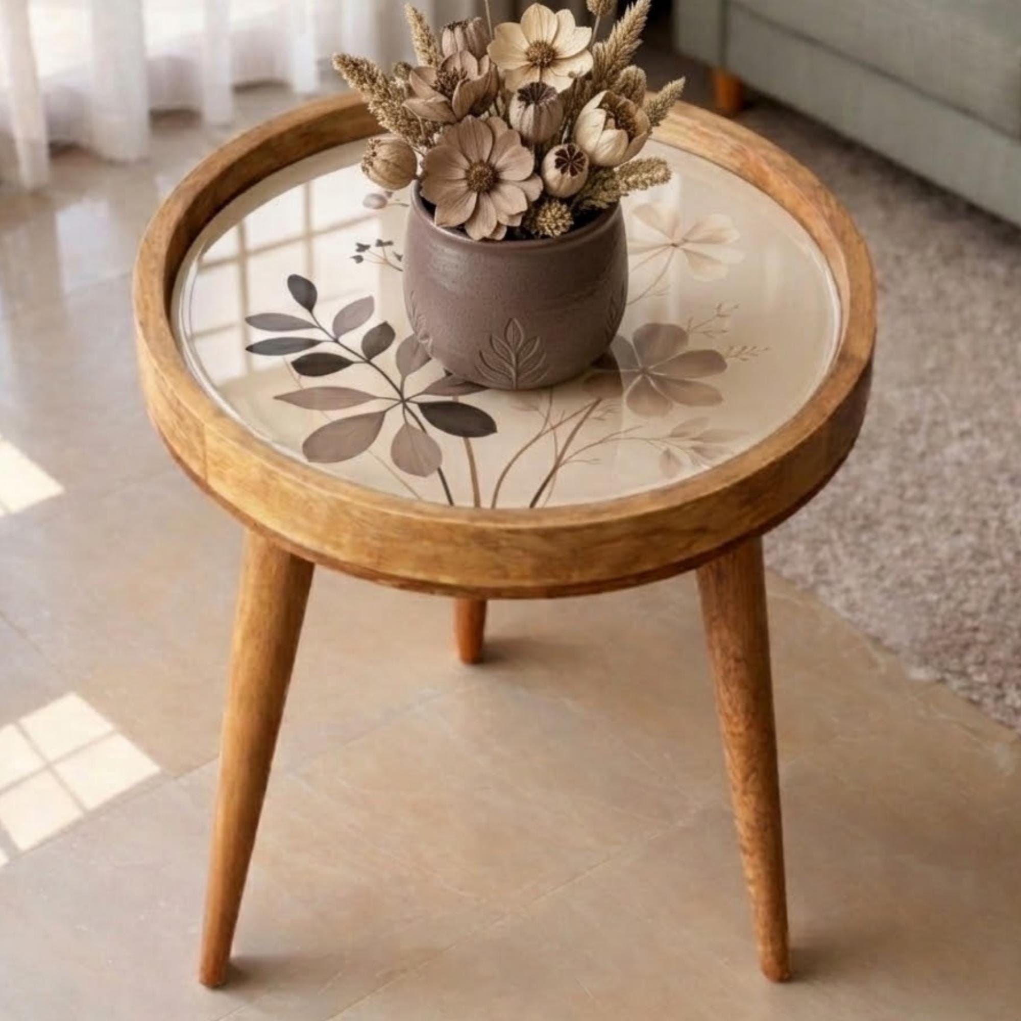 Neutral Botanical Mango Wood Side Table | Round Floral Accent Table | Minimalist Decor