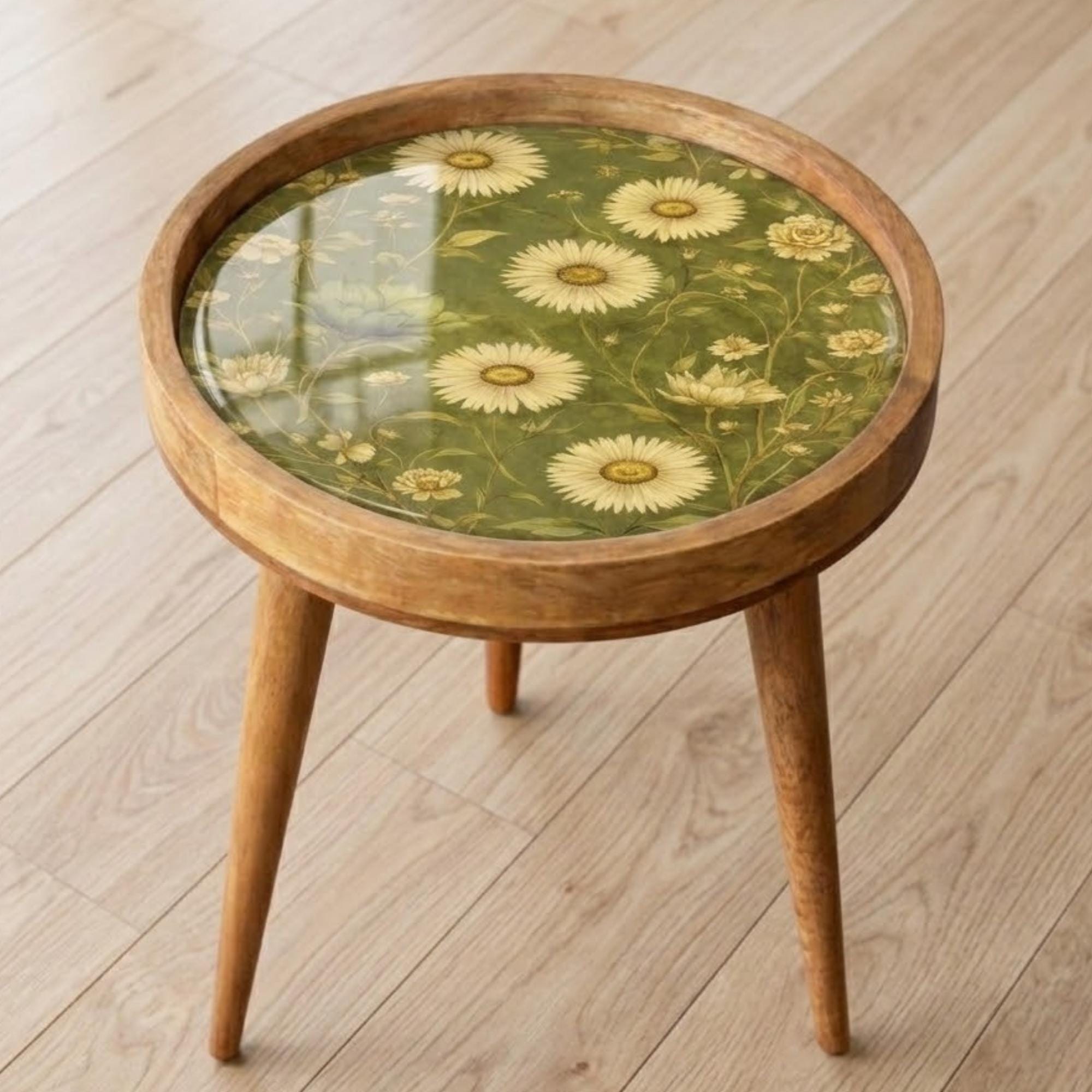 Daisy Floral Mango Wood Side Table | Green Botanical Round Accent Table