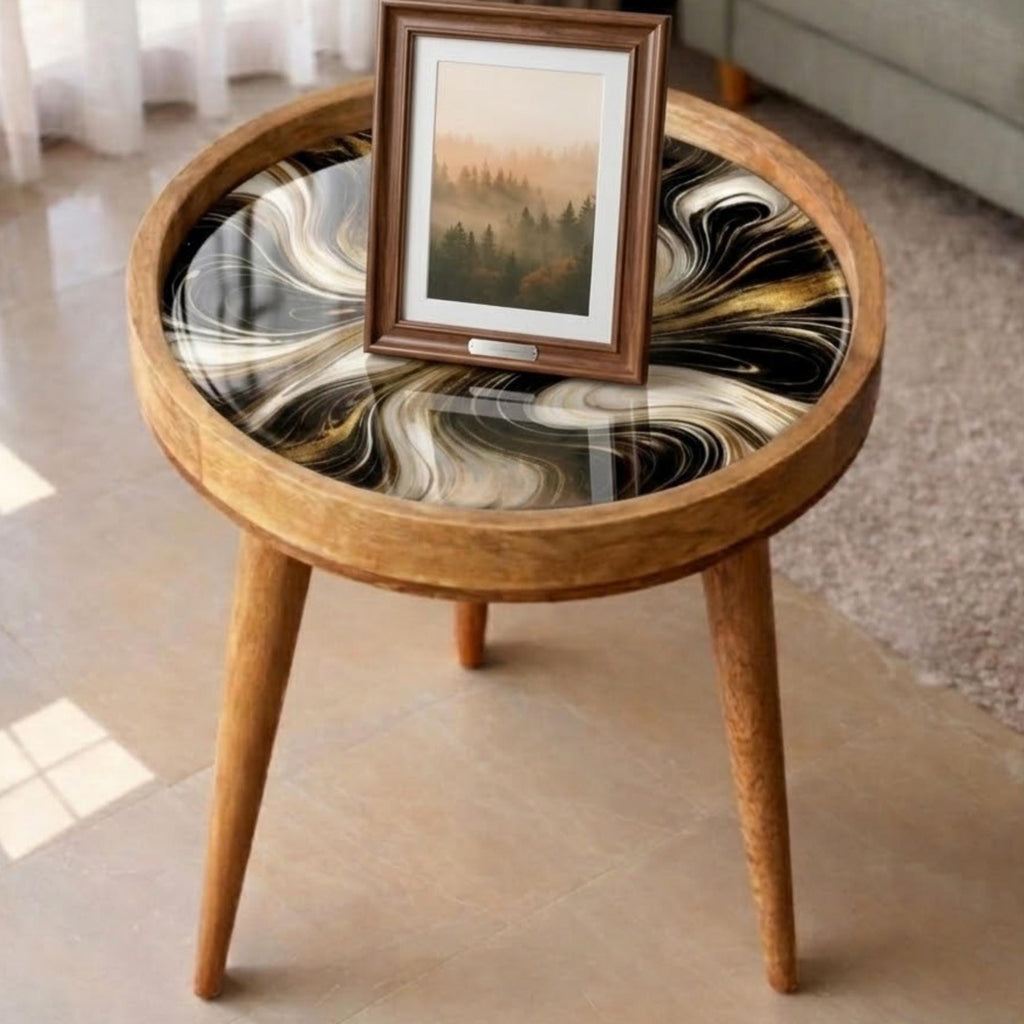 Black Marble Mango Wood Side Table | Gold Swirl Round Accent Table | Modern Decor