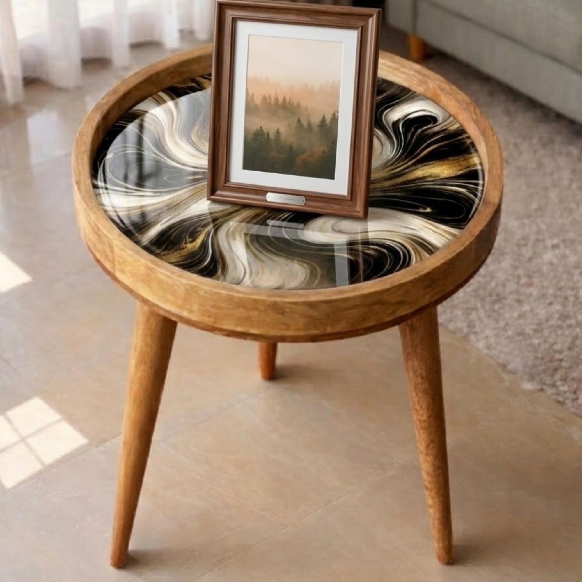 Black Marble Mango Wood Side Table | Gold Swirl Round Accent Table | Modern Decor