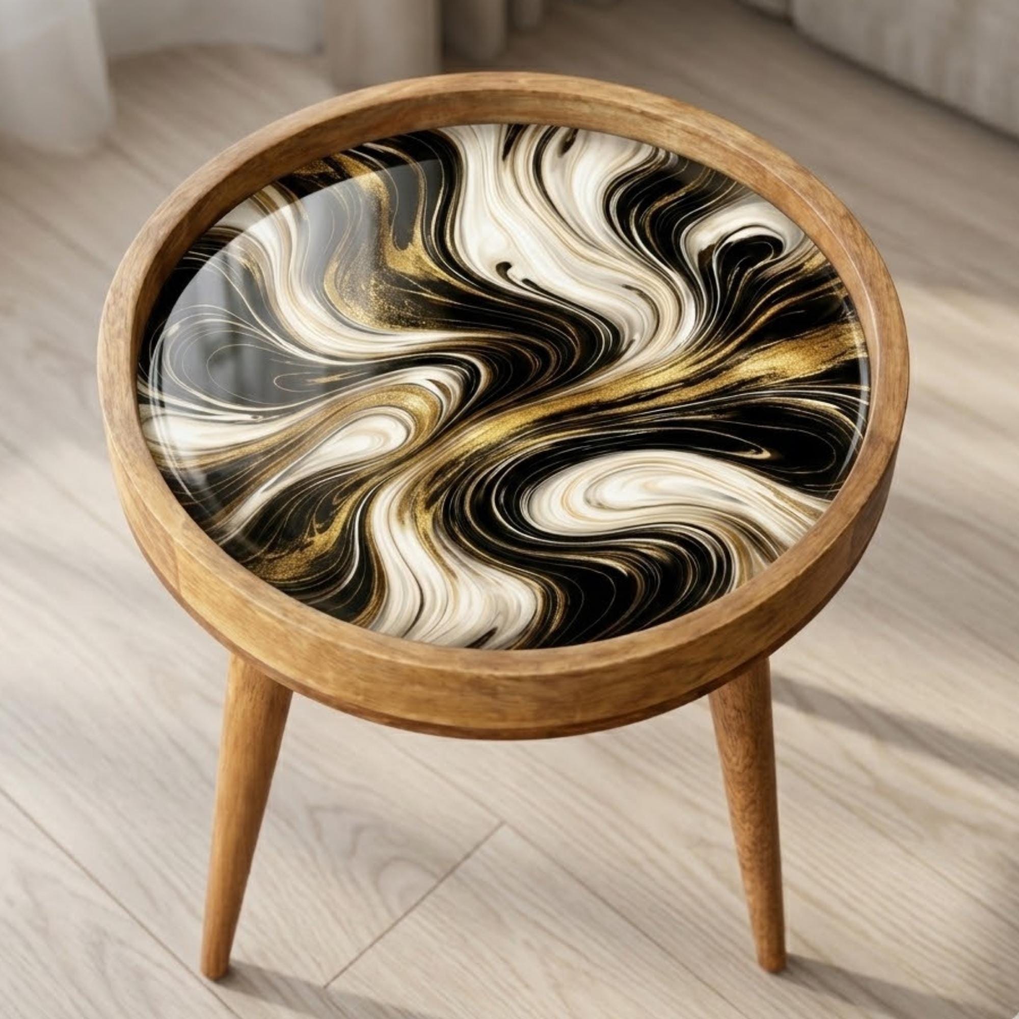 Black Marble Mango Wood Side Table | Gold Swirl Round Accent Table | Modern Decor