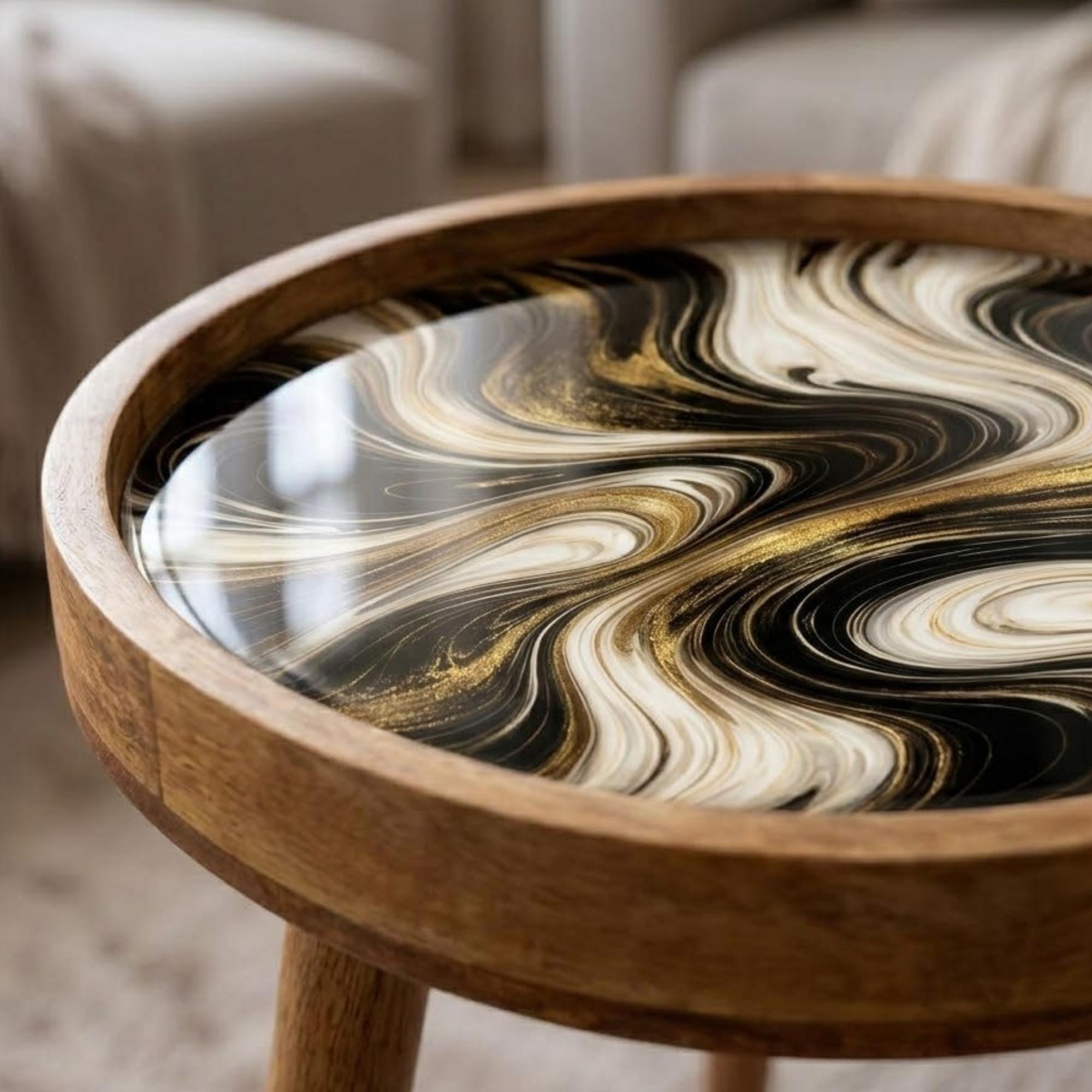 Black Marble Mango Wood Side Table | Gold Swirl Round Accent Table | Modern Decor