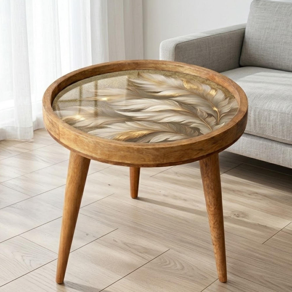 Handmade Mango Wood Side Table | Feather Print Round Accent Boho Decor