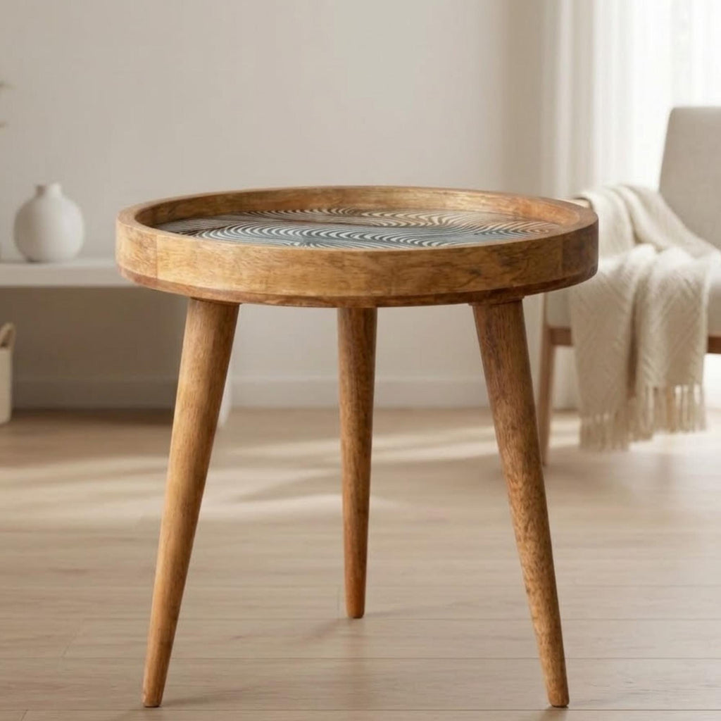 Handmade Mango Wood Side Table | Black White Abstract Print Round Accent