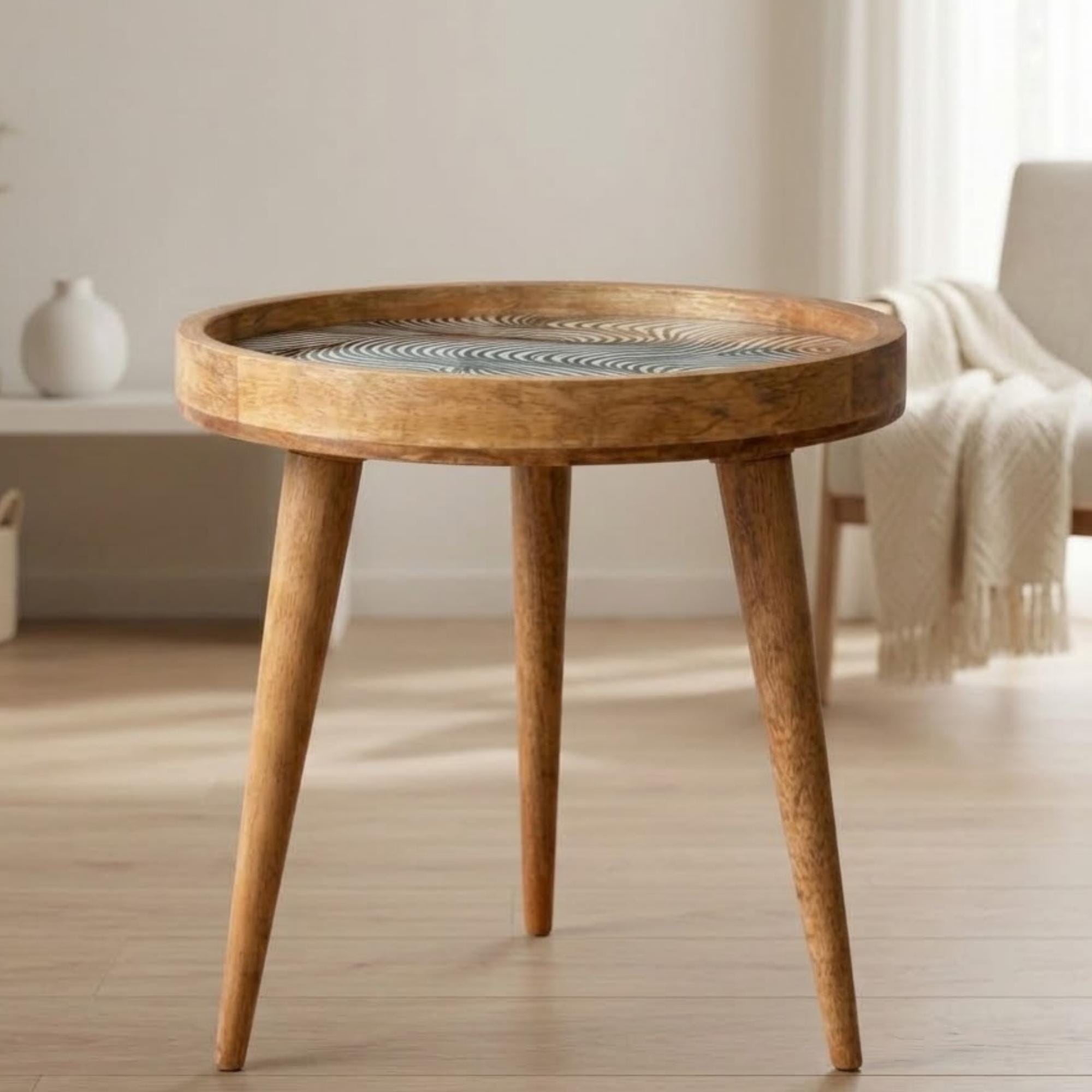 Handmade Mango Wood Side Table | Black White Abstract Print Round Accent